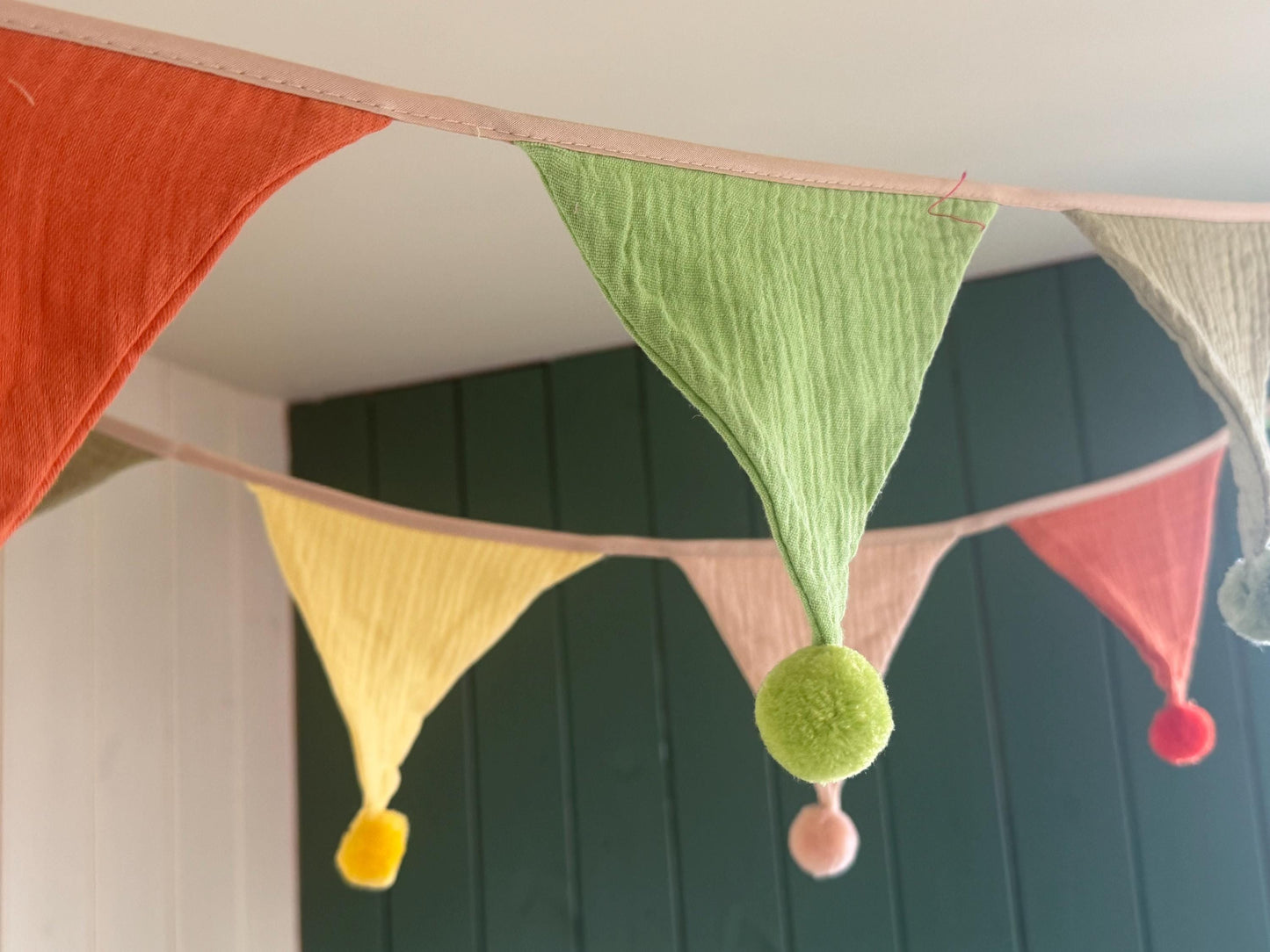 Cotton Pom Pom bunting in lovely earthy tones. Autumnal bunting. Cotton bunting with long ties. Boho bunting for home, garden and parties