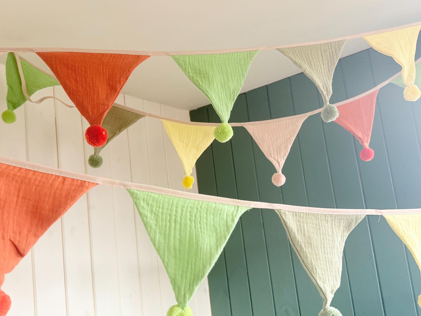 Cotton Pom Pom bunting in lovely earthy tones. Autumnal bunting. Cotton bunting with long ties. Boho bunting for home, garden and parties