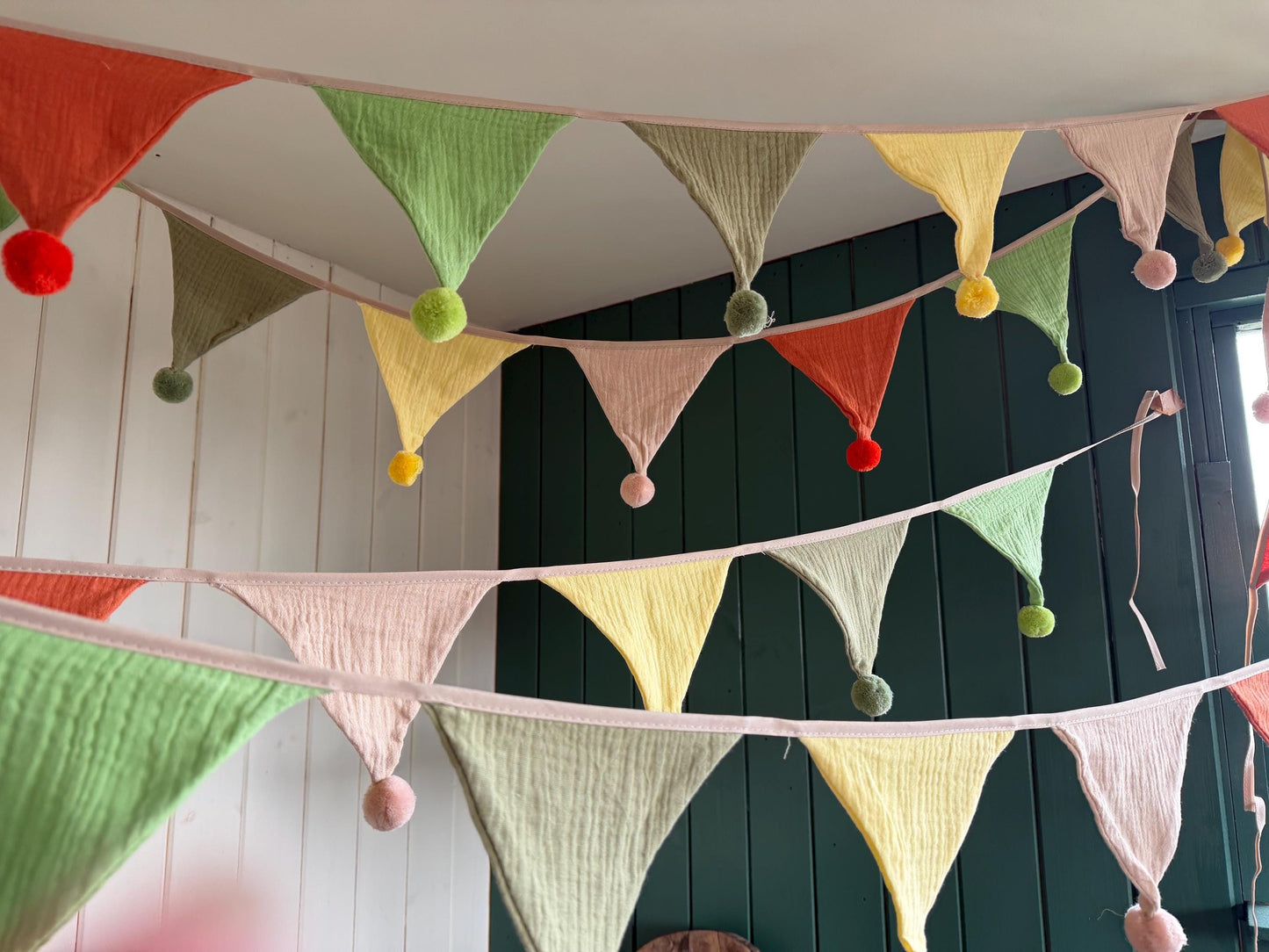 Cotton Pom Pom bunting in lovely earthy tones. Autumnal bunting. Cotton bunting with long ties. Boho bunting for home, garden and parties