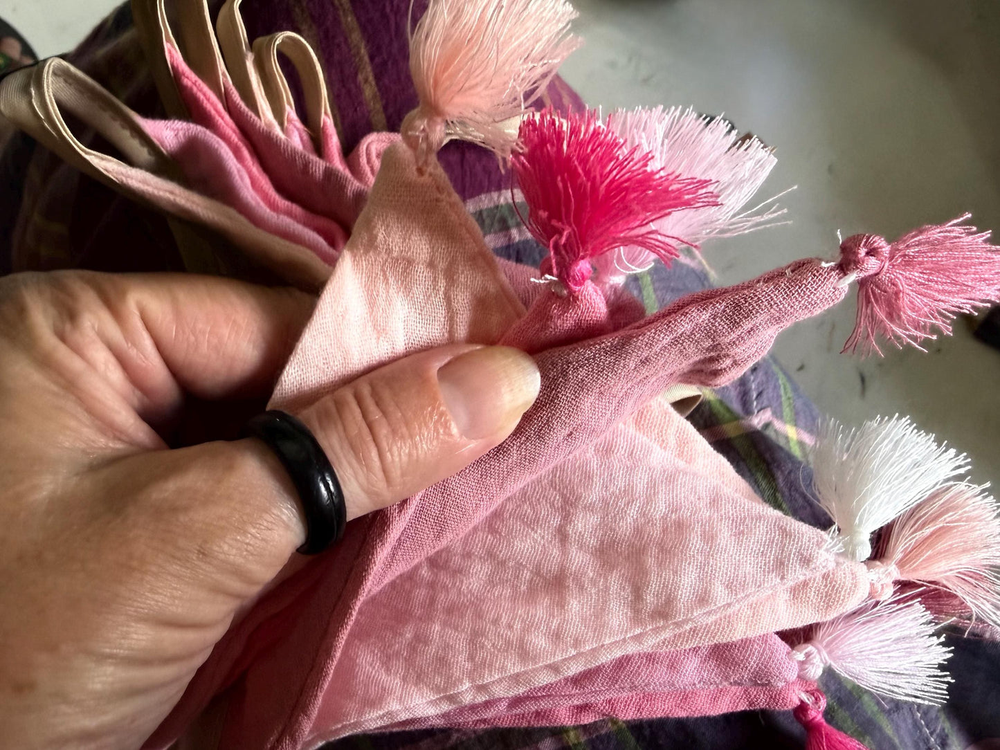 Pink cotton bunting in lovely pastel tones. Pink decorations. Cotton bunting with long ties. Boho bunting for home, garden and parties