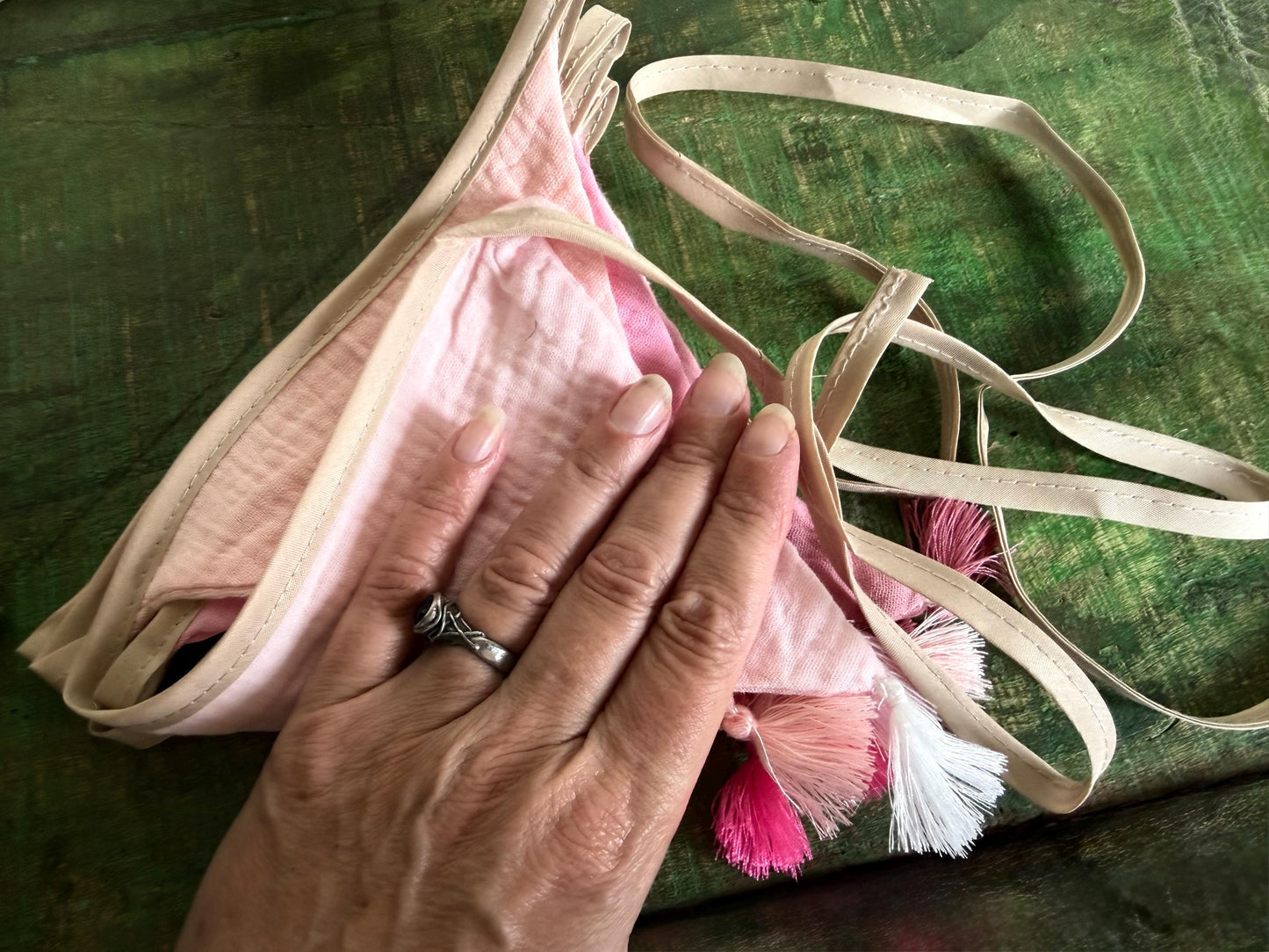 Pink cotton bunting in lovely pastel tones. Pink decorations. Cotton bunting with long ties. Boho bunting for home, garden and parties