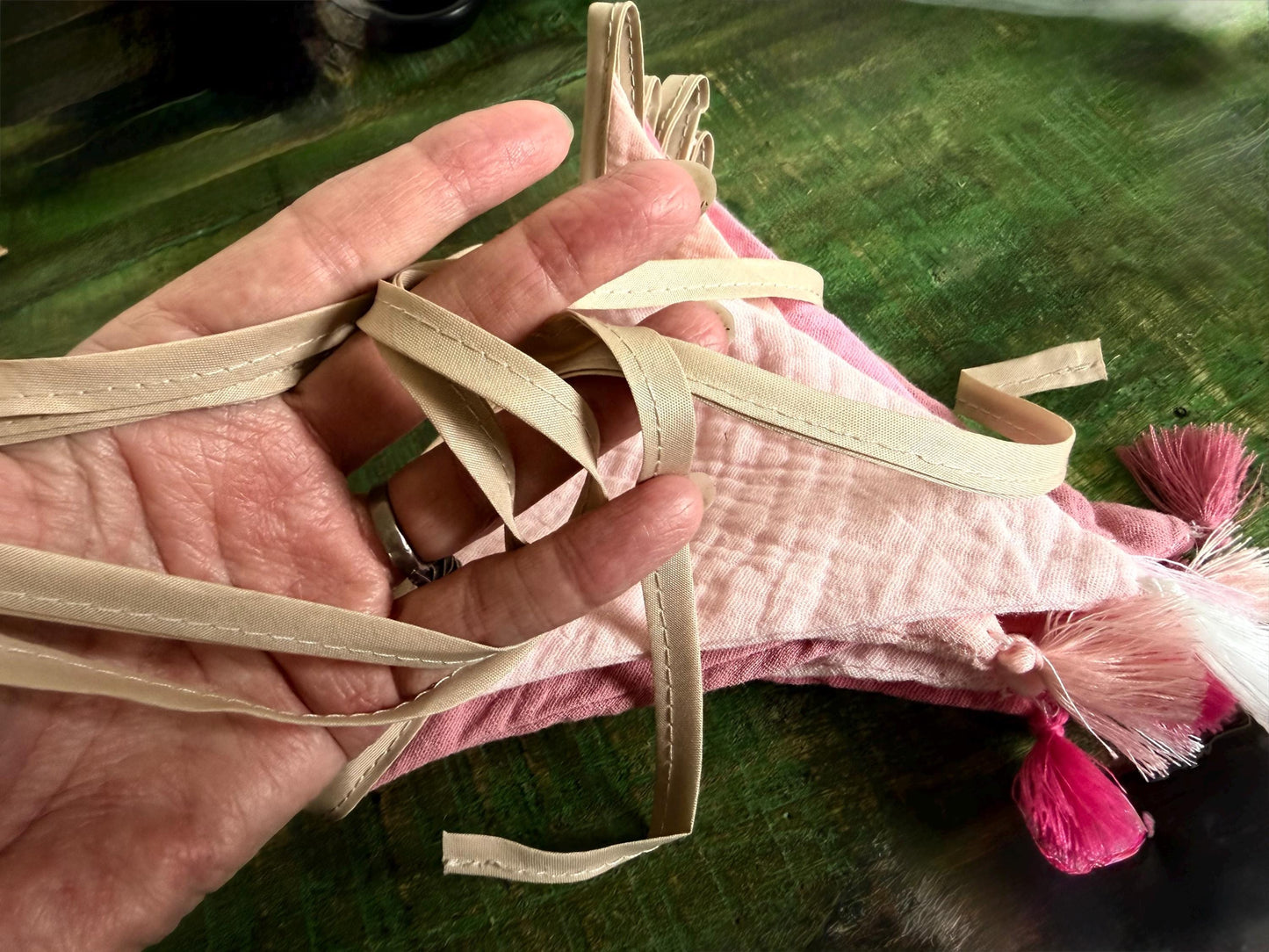 Pink cotton bunting in lovely pastel tones. Pink decorations. Cotton bunting with long ties. Boho bunting for home, garden and parties