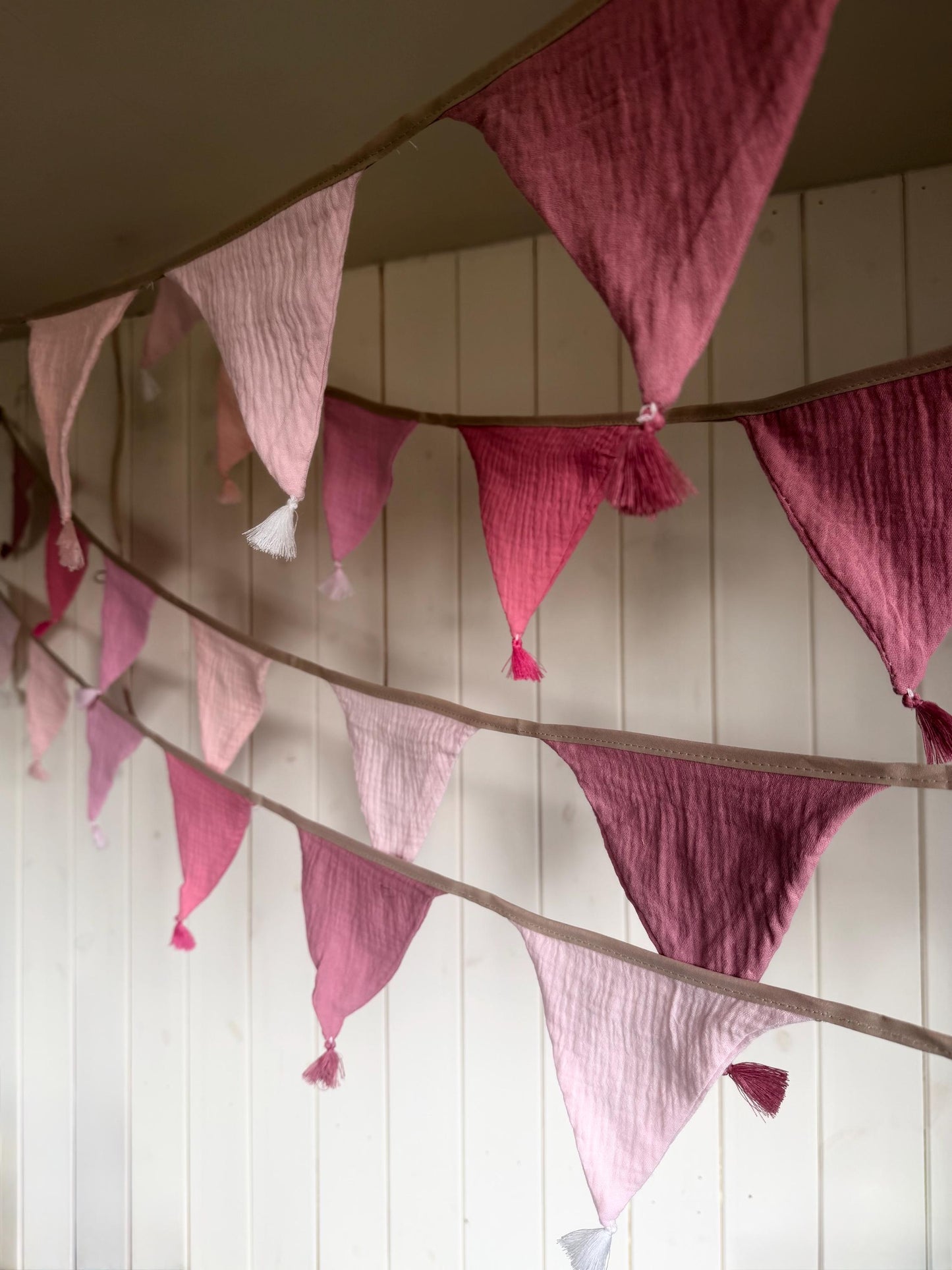 Pink cotton bunting in lovely pastel tones. Pink decorations. Cotton bunting with long ties. Boho bunting for home, garden and parties