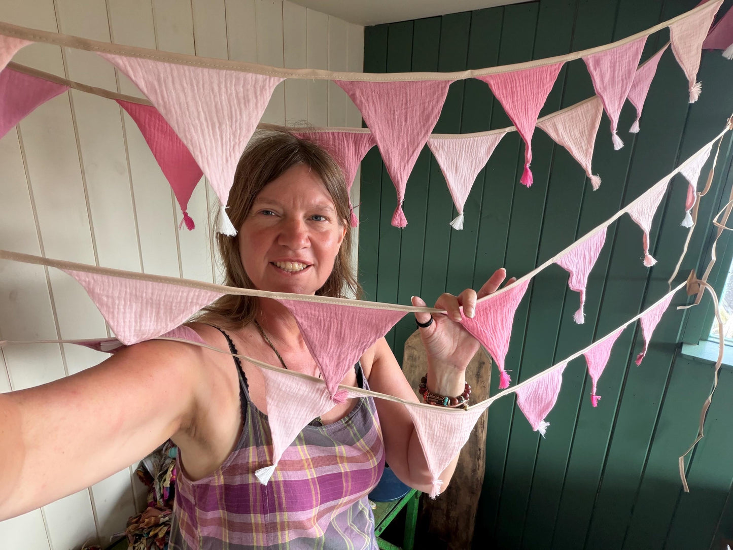 Pink cotton bunting in lovely pastel tones. Pink decorations. Cotton bunting with long ties. Boho bunting for home, garden and parties