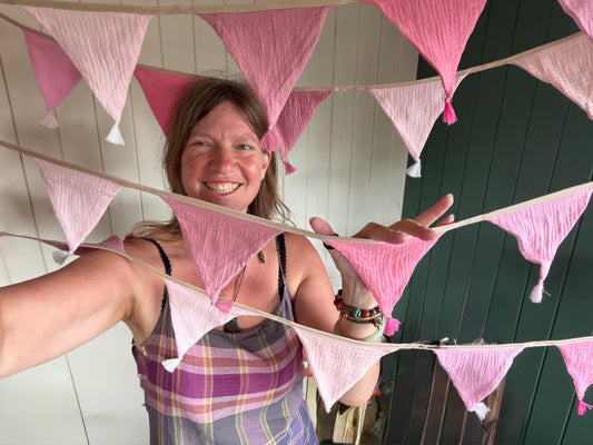 Pink cotton bunting in lovely pastel tones. Pink decorations. Cotton bunting with long ties. Boho bunting for home, garden and parties