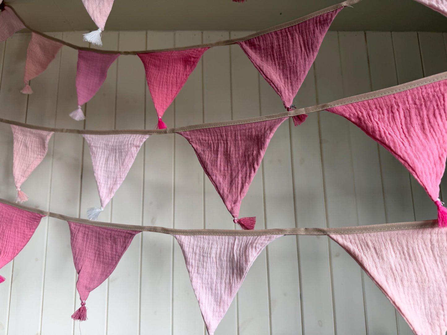 Pink cotton bunting in lovely pastel tones. Pink decorations. Cotton bunting with long ties. Boho bunting for home, garden and parties