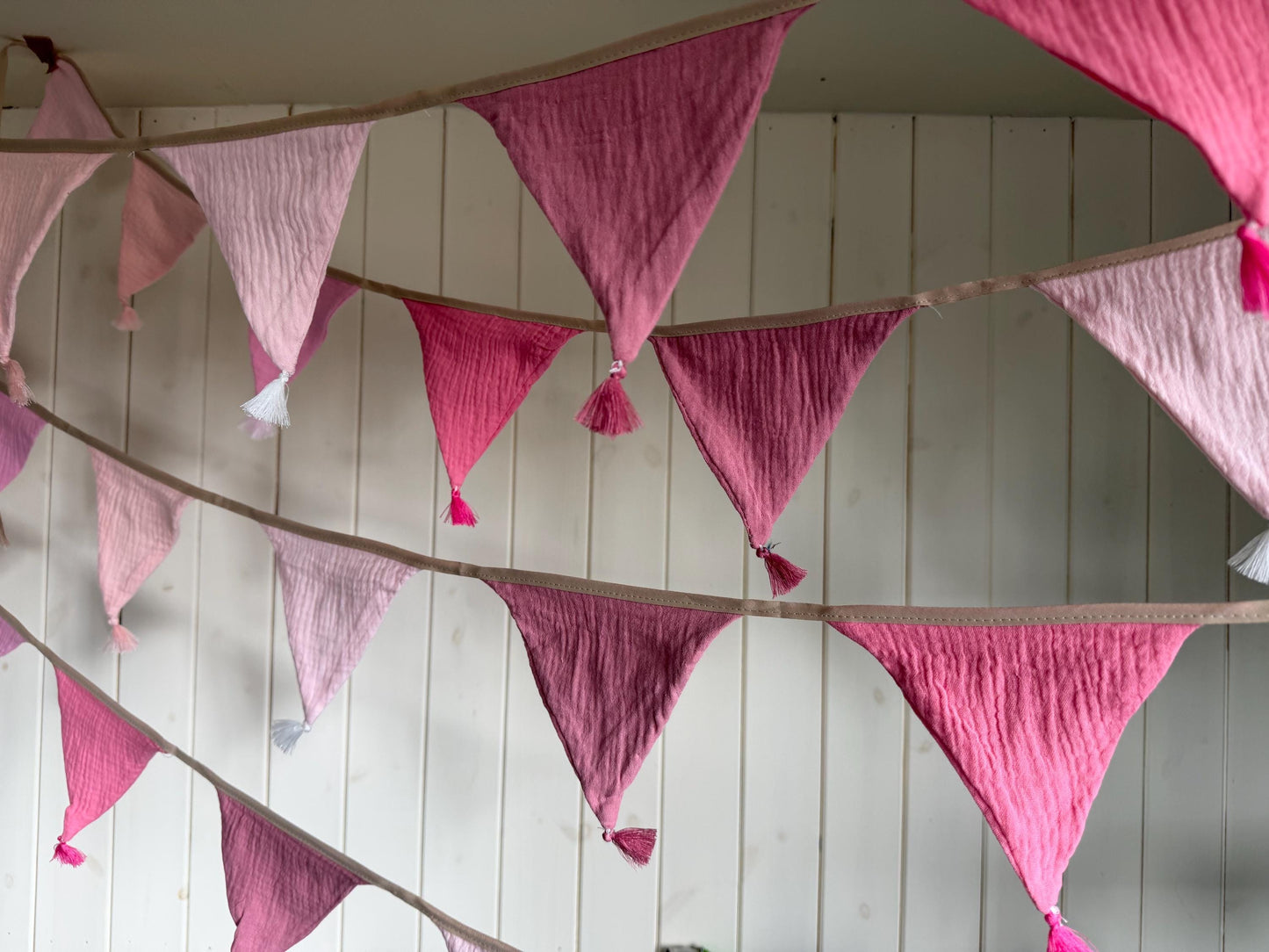 Pink cotton bunting in lovely pastel tones. Pink decorations. Cotton bunting with long ties. Boho bunting for home, garden and parties