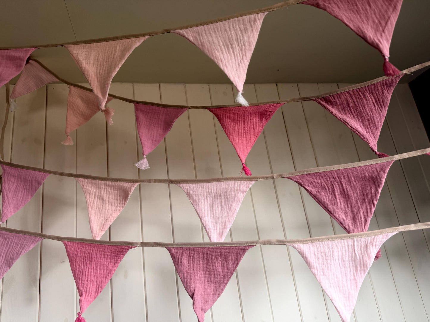 Pink cotton bunting in lovely pastel tones. Pink decorations. Cotton bunting with long ties. Boho bunting for home, garden and parties