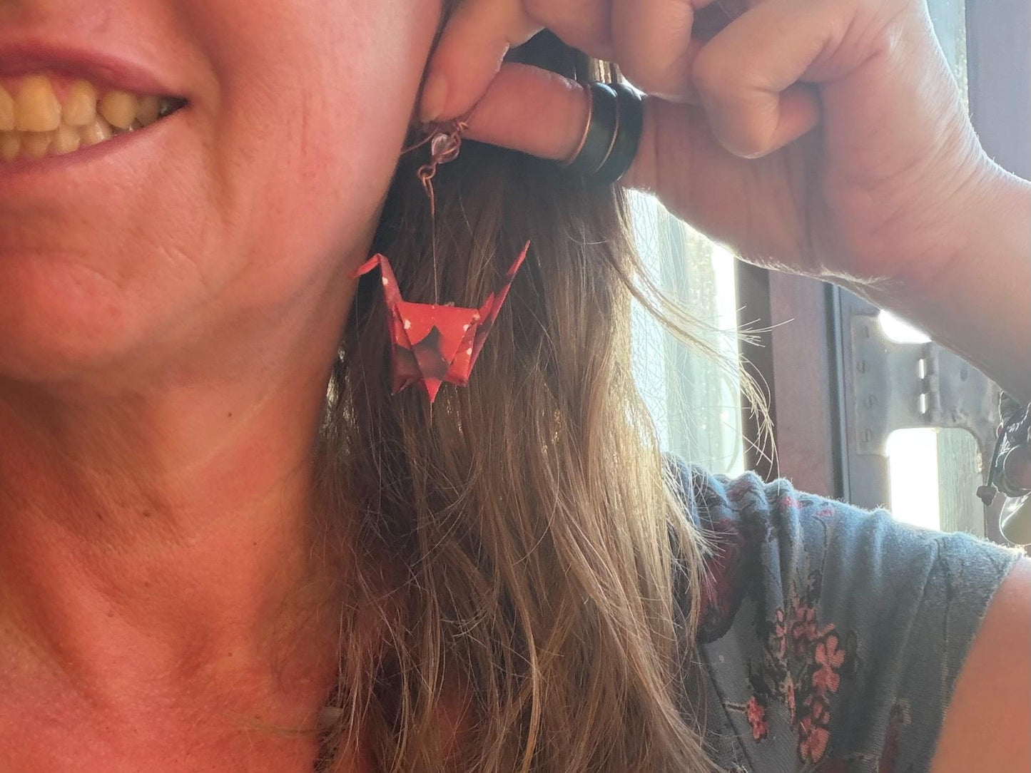 Bird origami earrings on recycled metals. Eco friendly jewellery. Bird earrings. Handmade bird jewellery. Red birds. Ethical jewellery.
