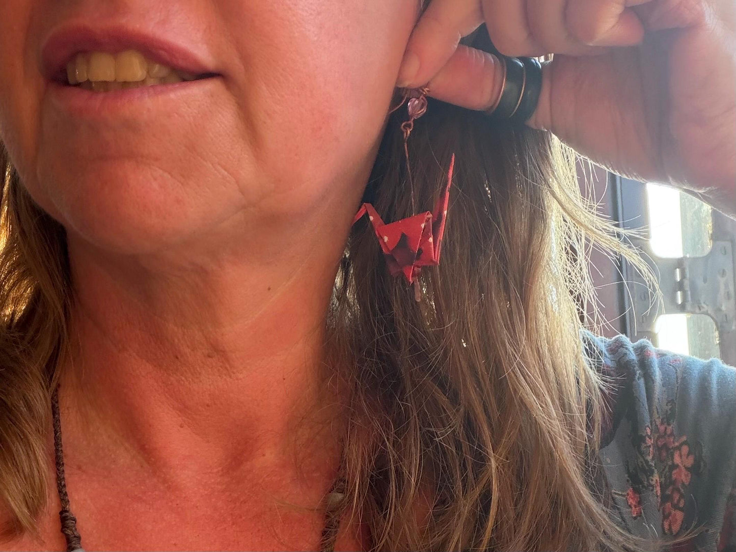 Bird origami earrings on recycled metals. Eco friendly jewellery. Bird earrings. Handmade bird jewellery. Red birds. Ethical jewellery.