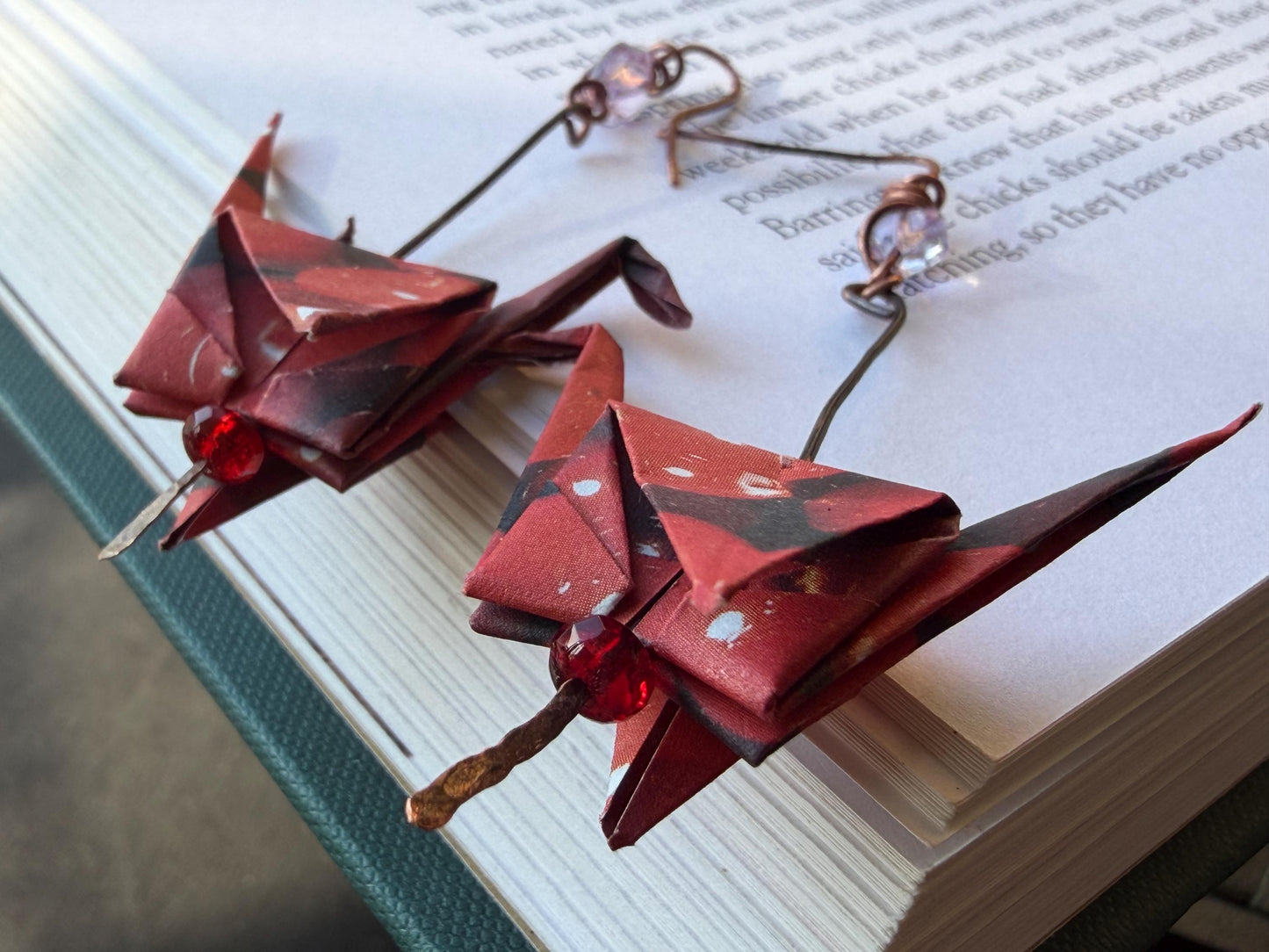 Bird origami earrings on recycled metals. Eco friendly jewellery. Bird earrings. Handmade bird jewellery. Red birds. Ethical jewellery.