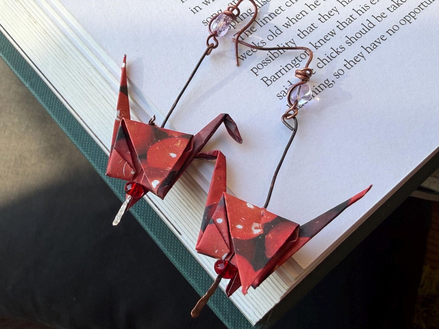 Bird origami earrings on recycled metals. Eco friendly jewellery. Bird earrings. Handmade bird jewellery. Red birds. Ethical jewellery.