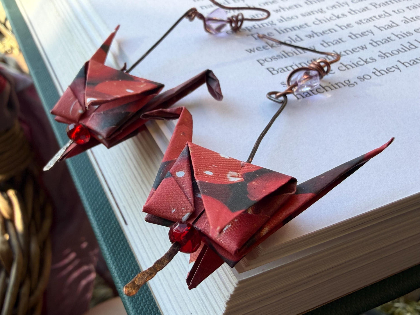 Bird origami earrings on recycled metals. Eco friendly jewellery. Bird earrings. Handmade bird jewellery. Red birds. Ethical jewellery.