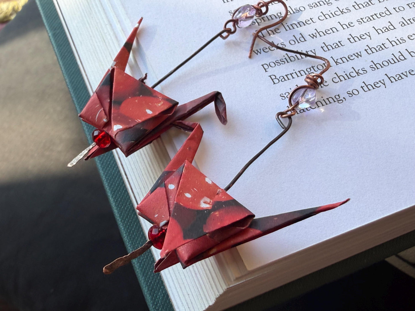 Bird origami earrings on recycled metals. Eco friendly jewellery. Bird earrings. Handmade bird jewellery. Red birds. Ethical jewellery.
