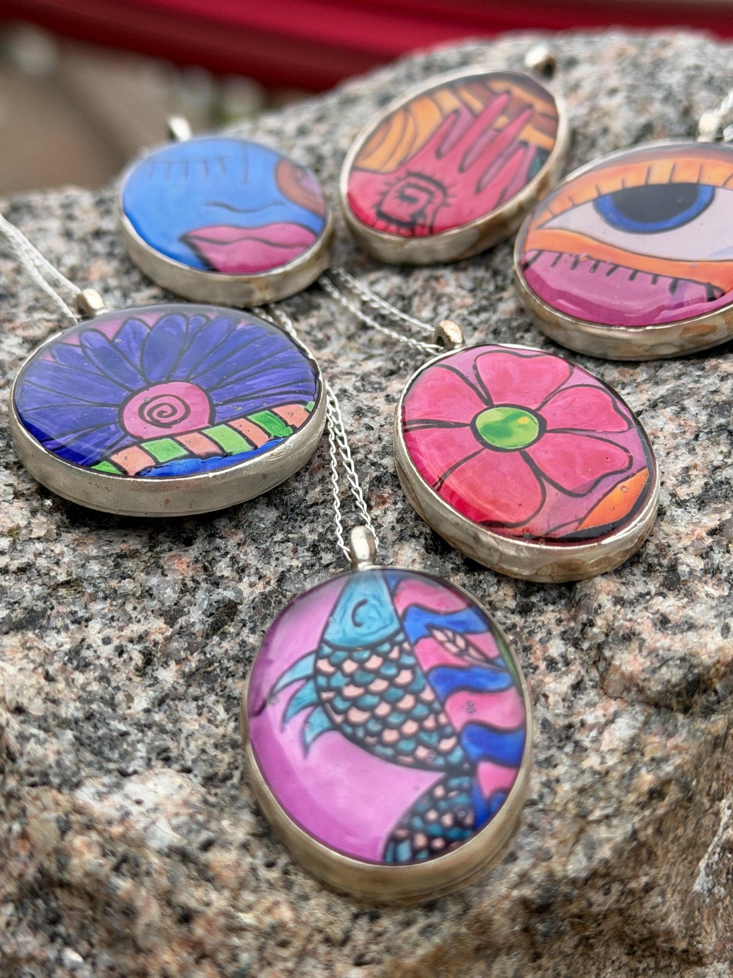 Bright joyful necklaces made with my own photos & recycled sterling silver. Eco friendly jewellery. Boho colourful pendants. Bright pink.