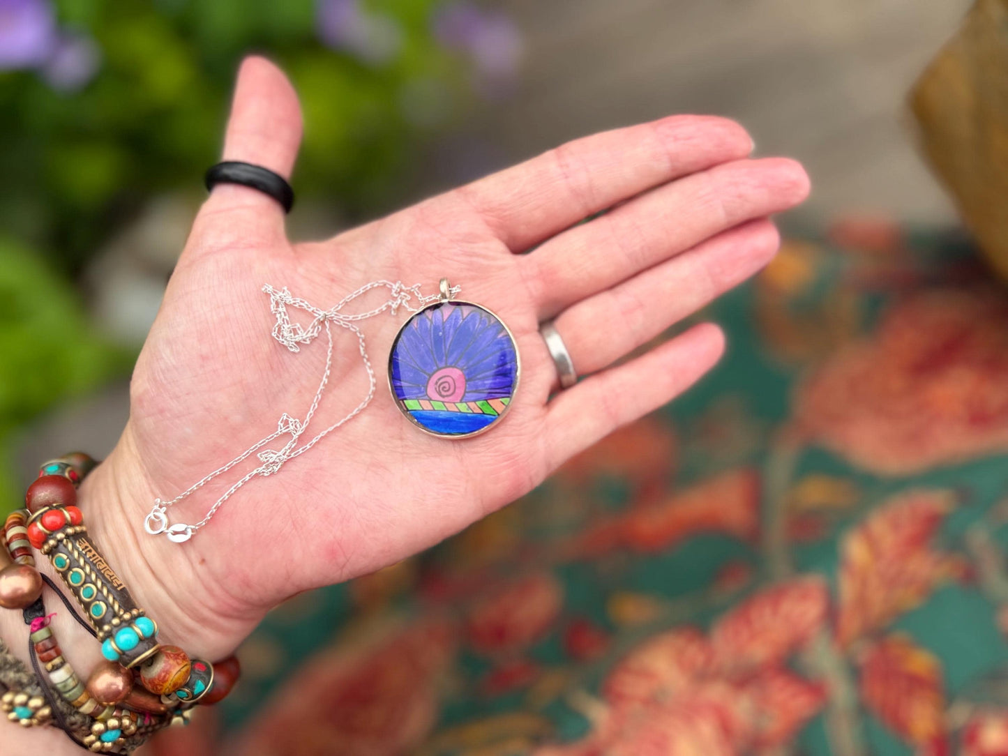 Bright joyful necklaces made with my own pictures & recycled sterling silver. Eco friendly jewellery. Boho colourful pendants. Unique gifts