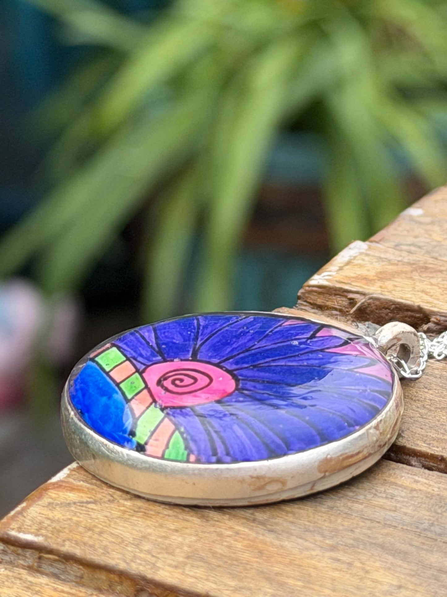 Bright joyful necklaces made with my own pictures & recycled sterling silver. Eco friendly jewellery. Boho colourful pendants. Unique gifts