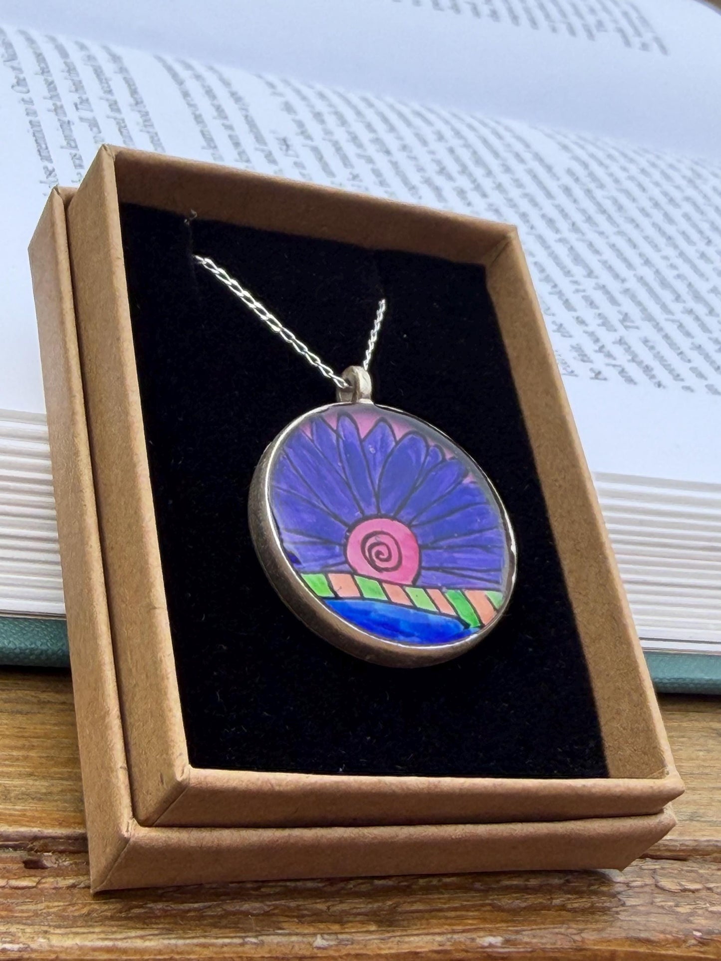 Bright joyful necklaces made with my own pictures & recycled sterling silver. Eco friendly jewellery. Boho colourful pendants. Unique gifts