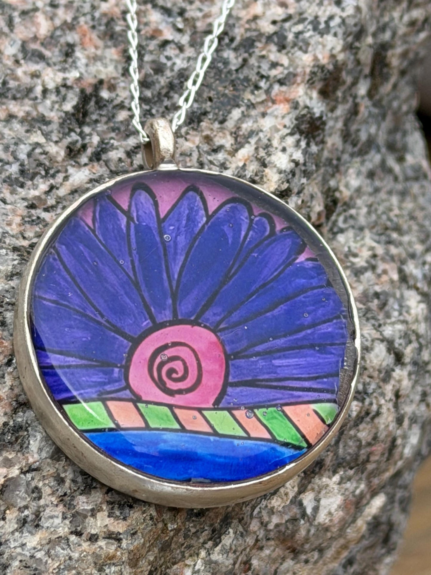 Bright joyful necklaces made with my own pictures & recycled sterling silver. Eco friendly jewellery. Boho colourful pendants. Unique gifts