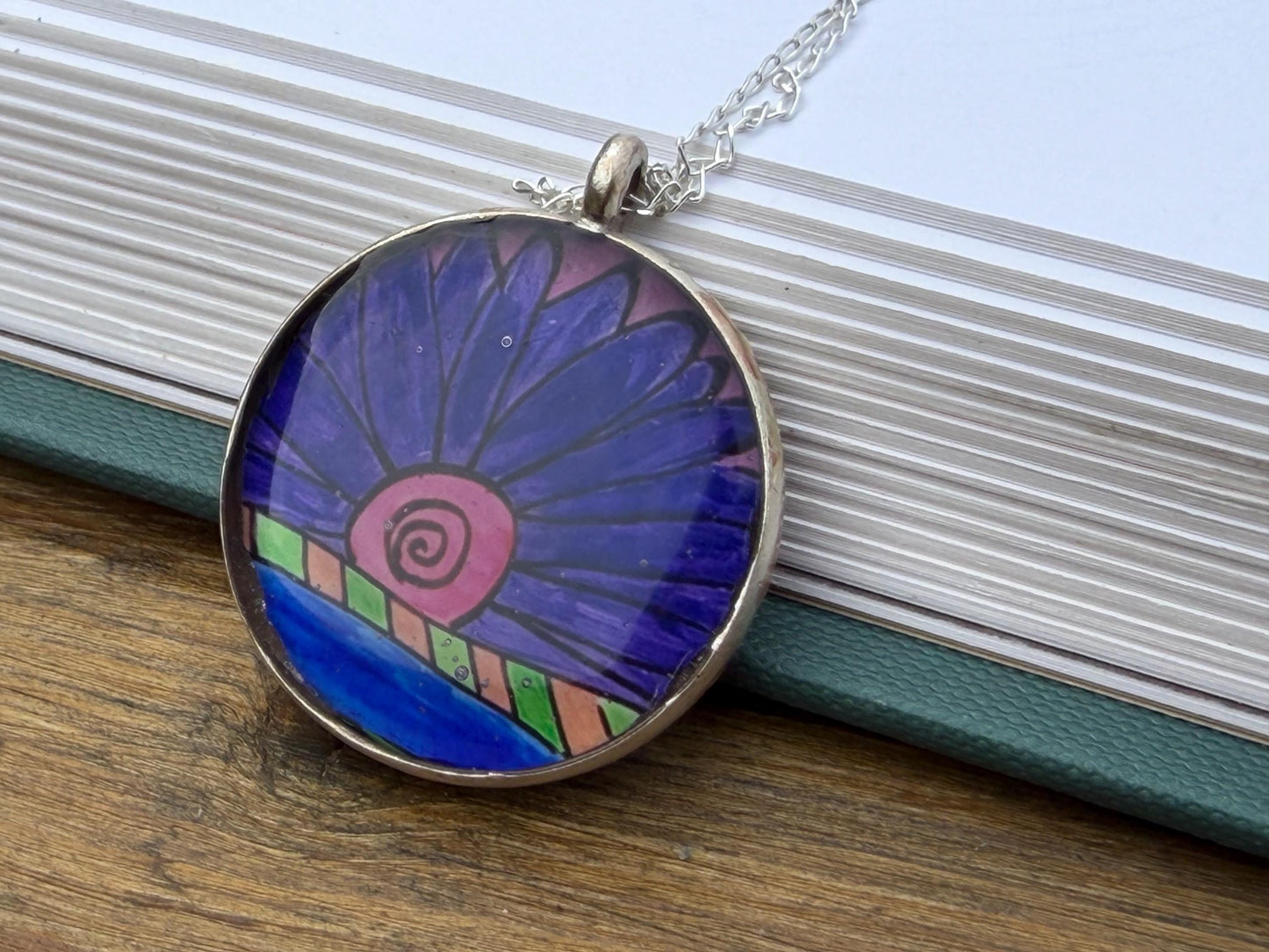 Bright joyful necklaces made with my own pictures & recycled sterling silver. Eco friendly jewellery. Boho colourful pendants. Unique gifts