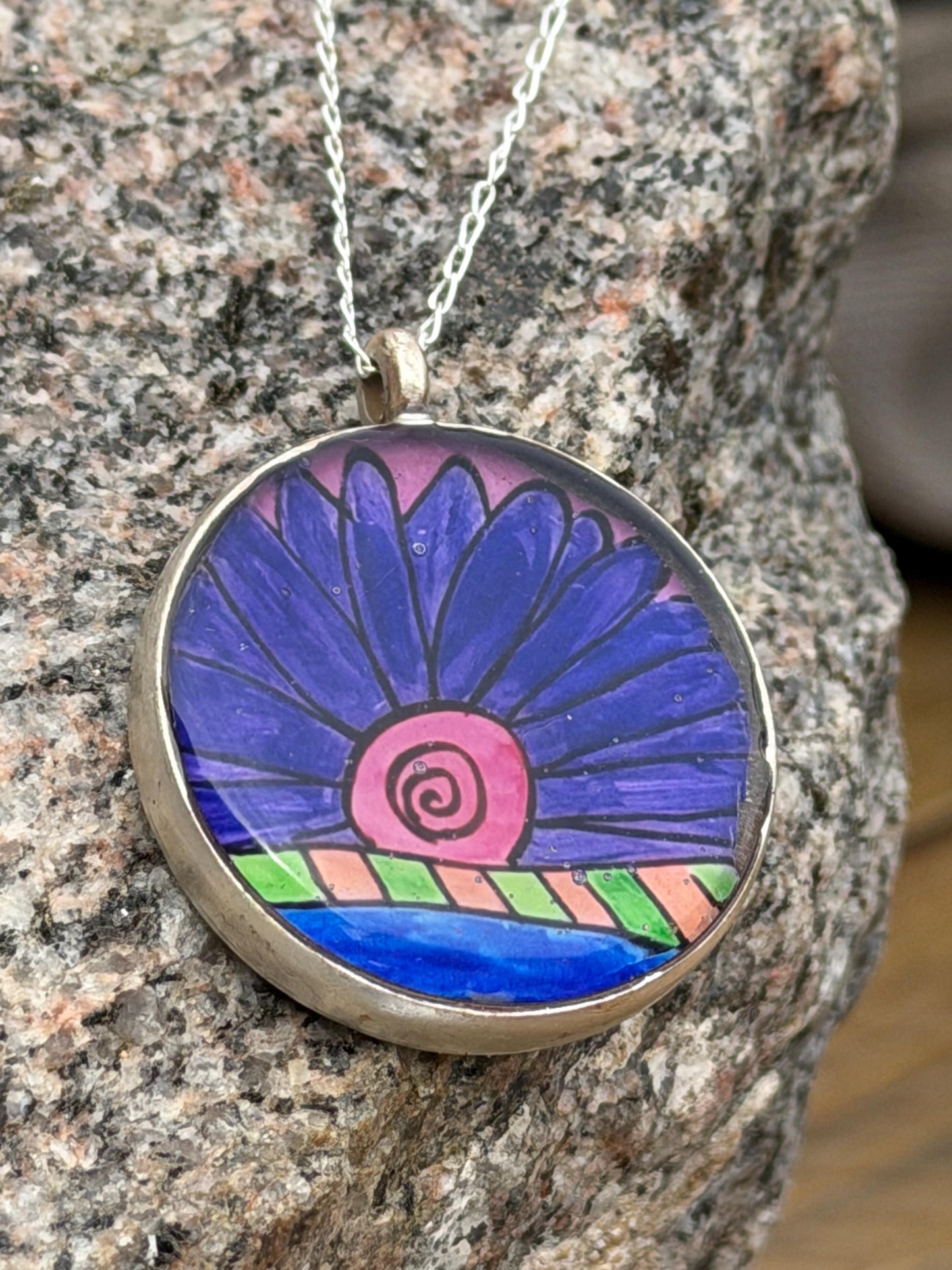 Bright joyful necklaces made with my own pictures & recycled sterling silver. Eco friendly jewellery. Boho colourful pendants. Unique gifts
