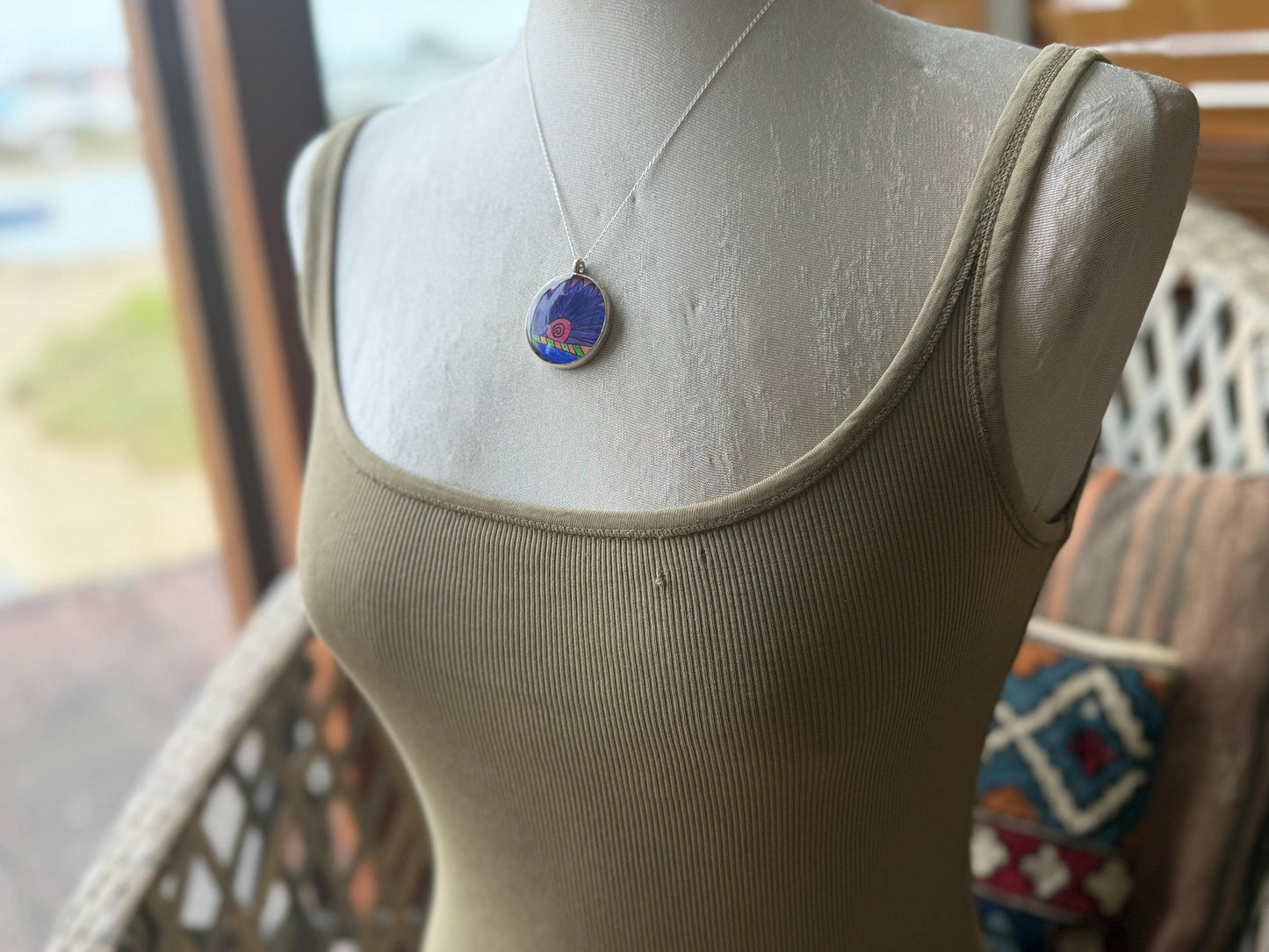 Bright joyful necklaces made with my own pictures & recycled sterling silver. Eco friendly jewellery. Boho colourful pendants. Unique gifts