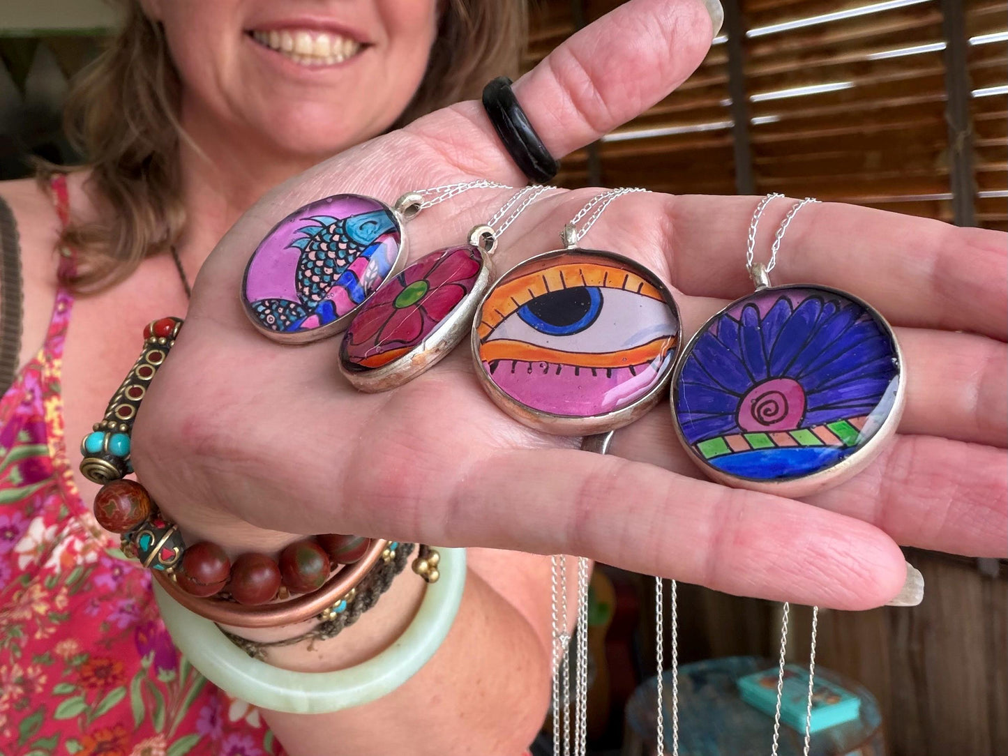 Handmade eye necklace. All seeing eye pendant on rcycled sterling silver. Eco friendly jewellery. Boho colourful pendants. Bright pink