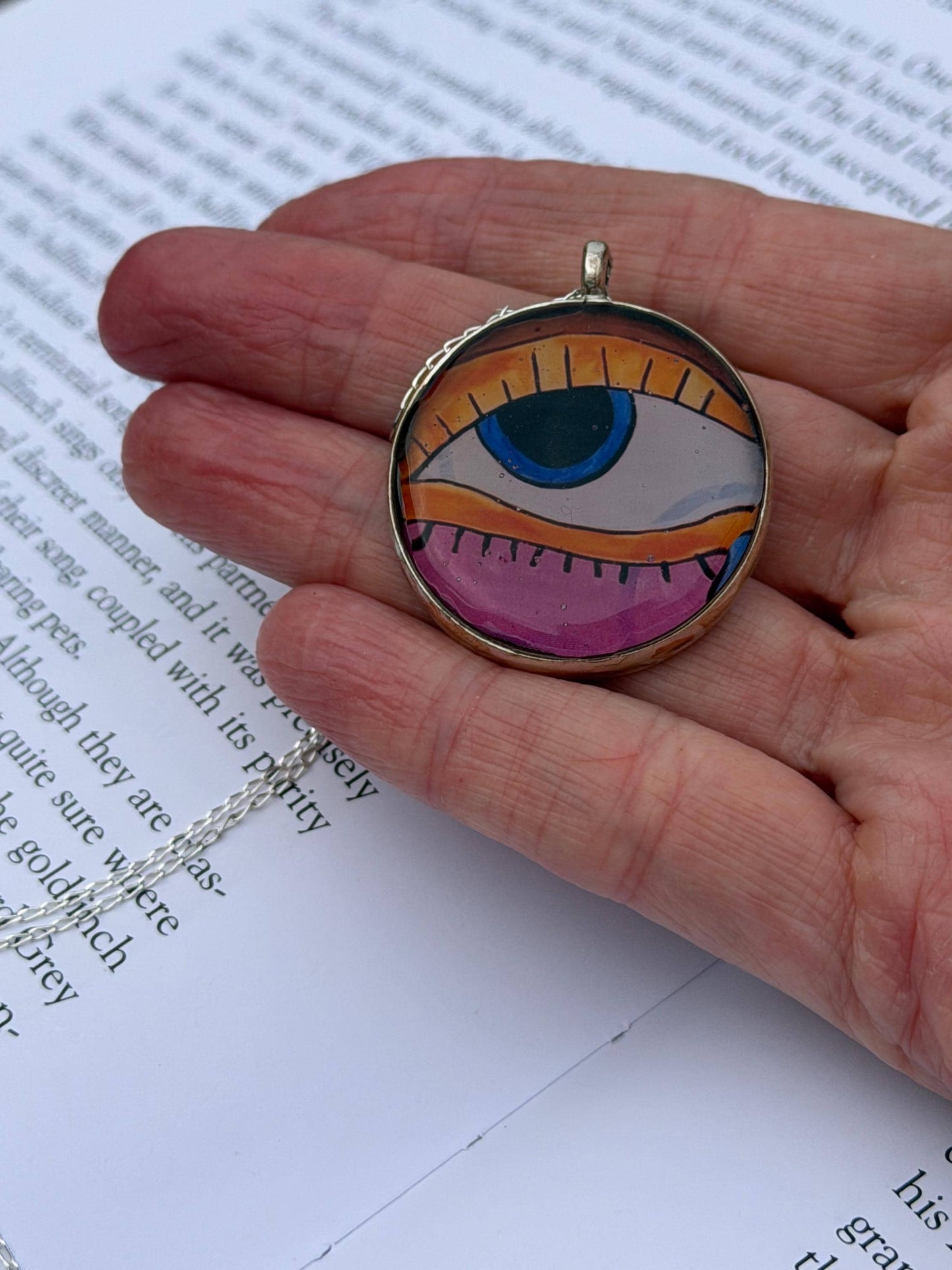 Handmade eye necklace. All seeing eye pendant on rcycled sterling silver. Eco friendly jewellery. Boho colourful pendants. Bright pink
