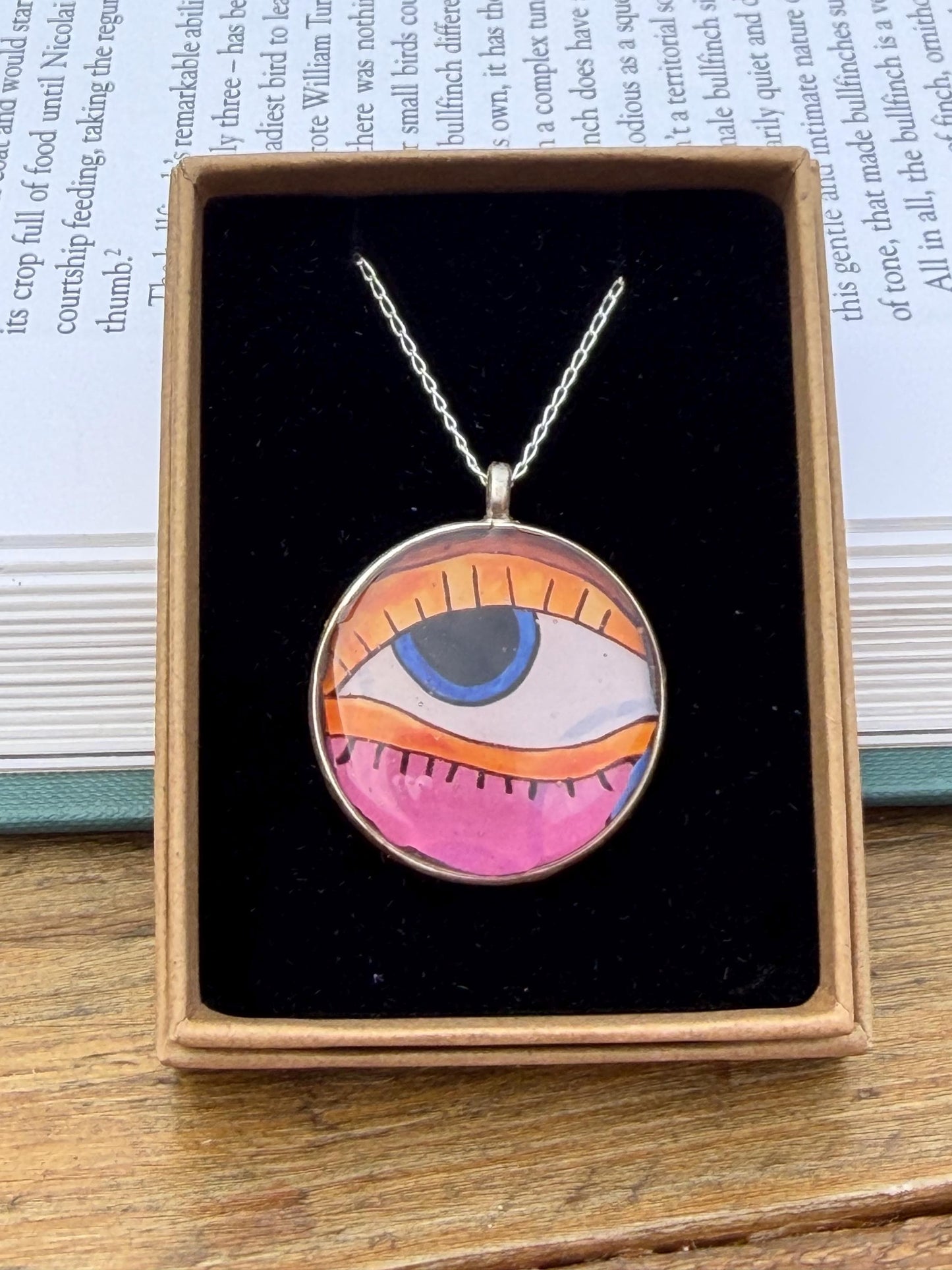 Handmade eye necklace. All seeing eye pendant on rcycled sterling silver. Eco friendly jewellery. Boho colourful pendants. Bright pink