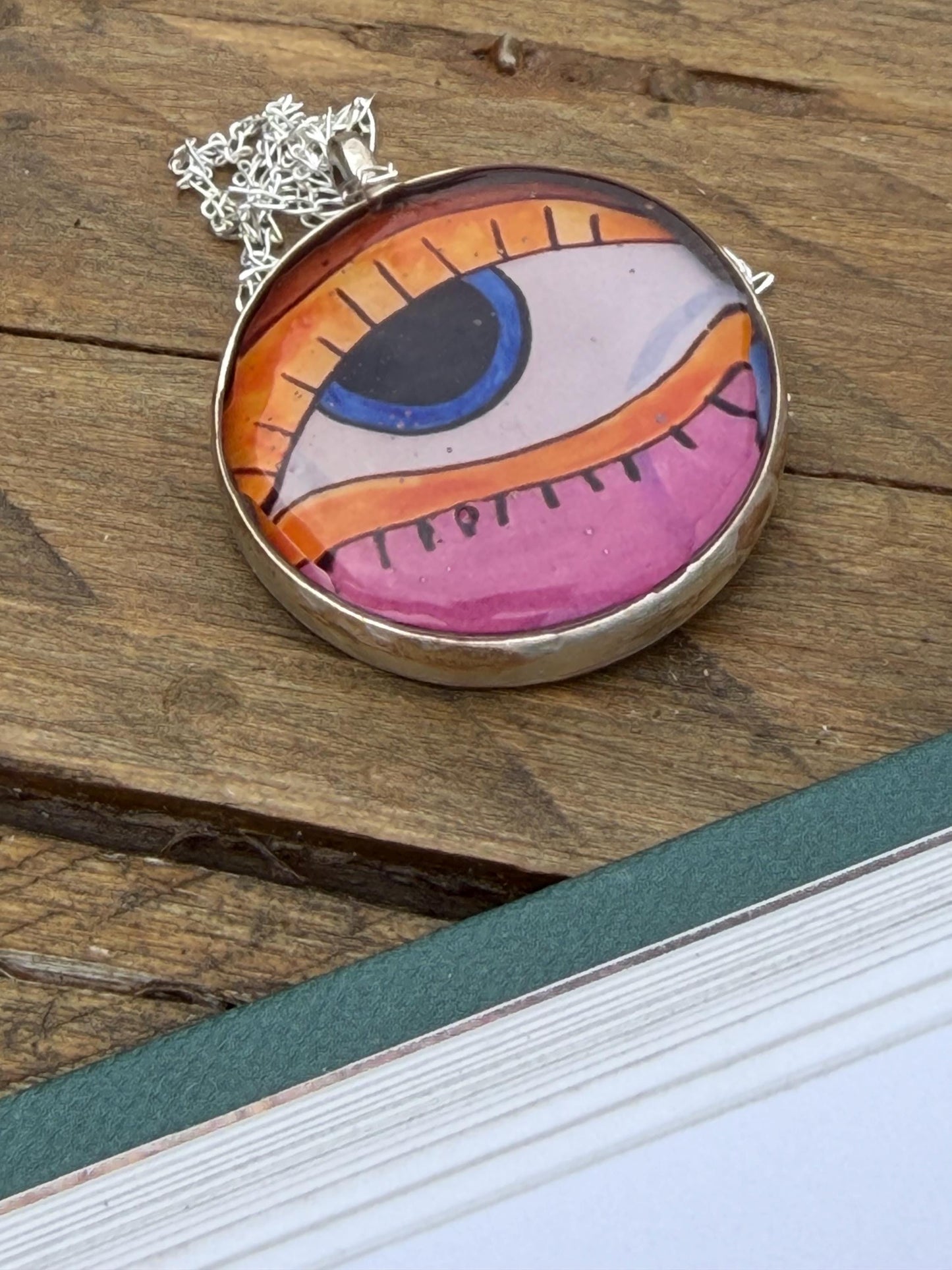 Handmade eye necklace. All seeing eye pendant on rcycled sterling silver. Eco friendly jewellery. Boho colourful pendants. Bright pink