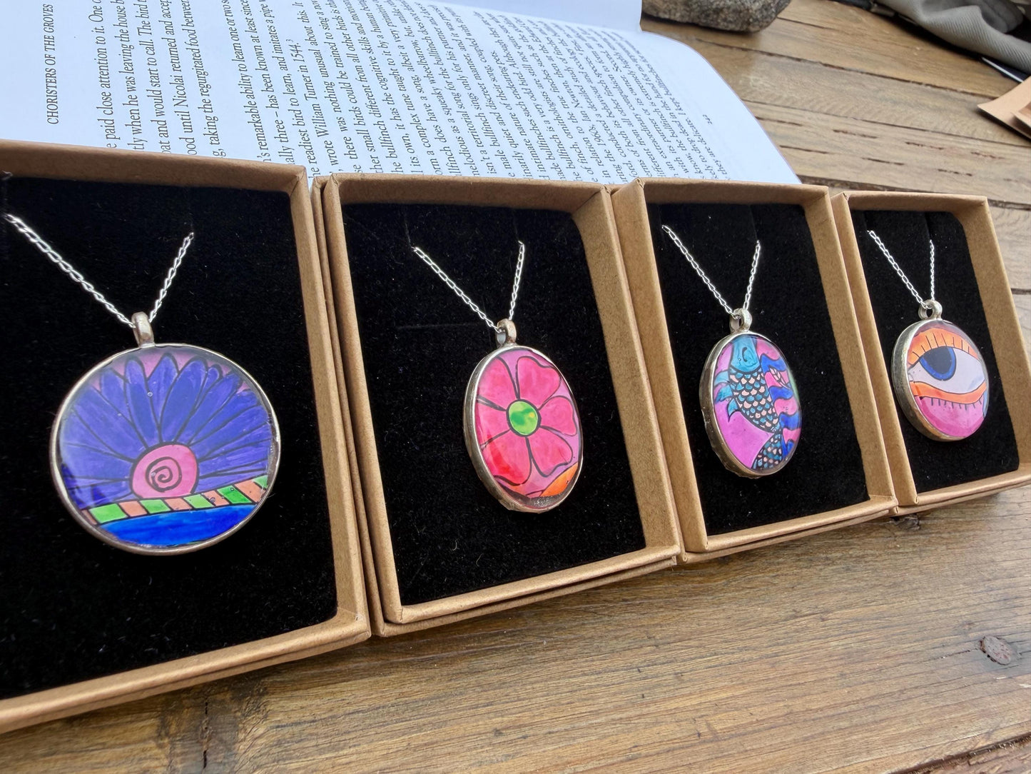 Handmade eye necklace. All seeing eye pendant on rcycled sterling silver. Eco friendly jewellery. Boho colourful pendants. Bright pink