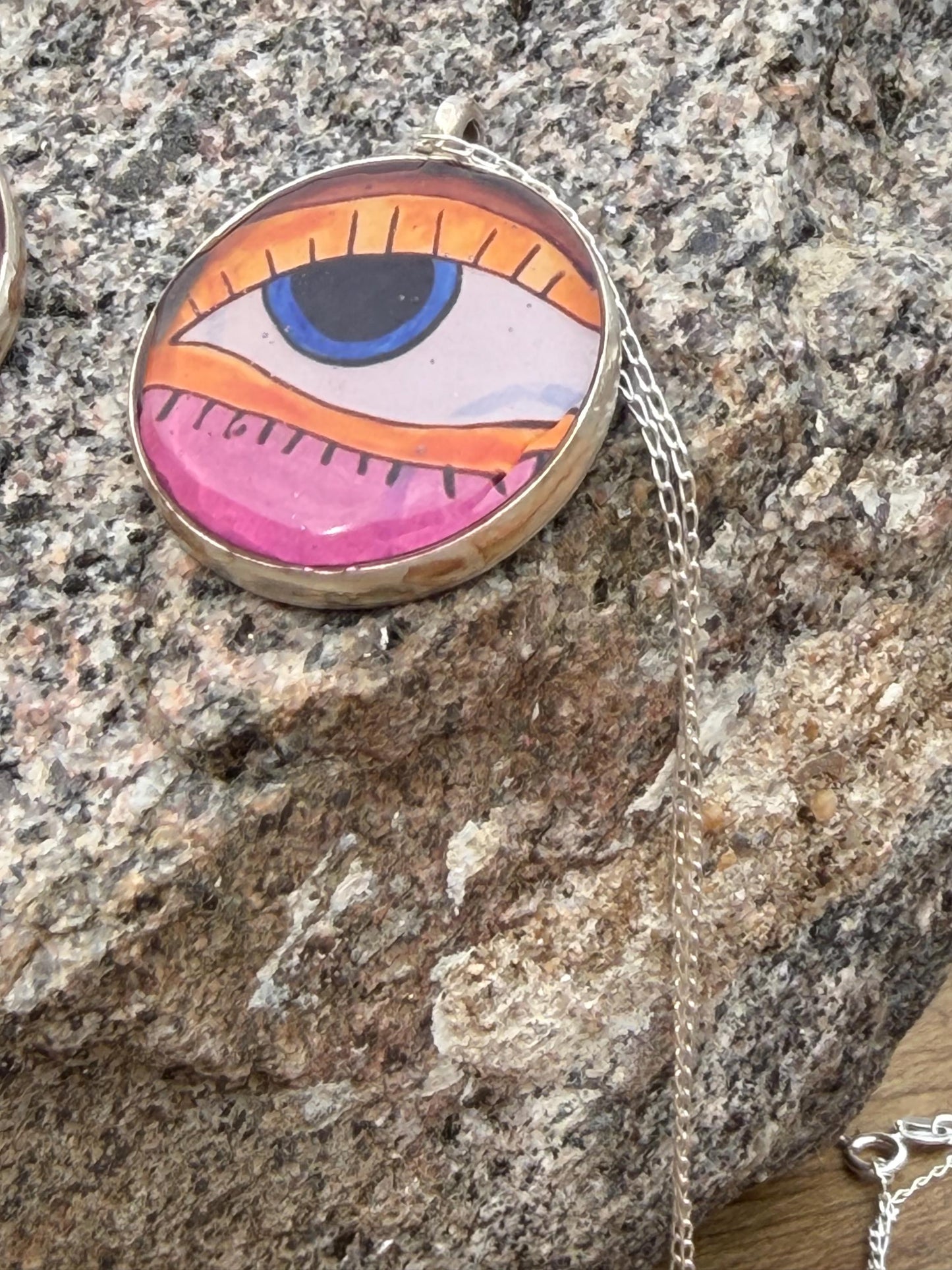 Handmade eye necklace. All seeing eye pendant on rcycled sterling silver. Eco friendly jewellery. Boho colourful pendants. Bright pink