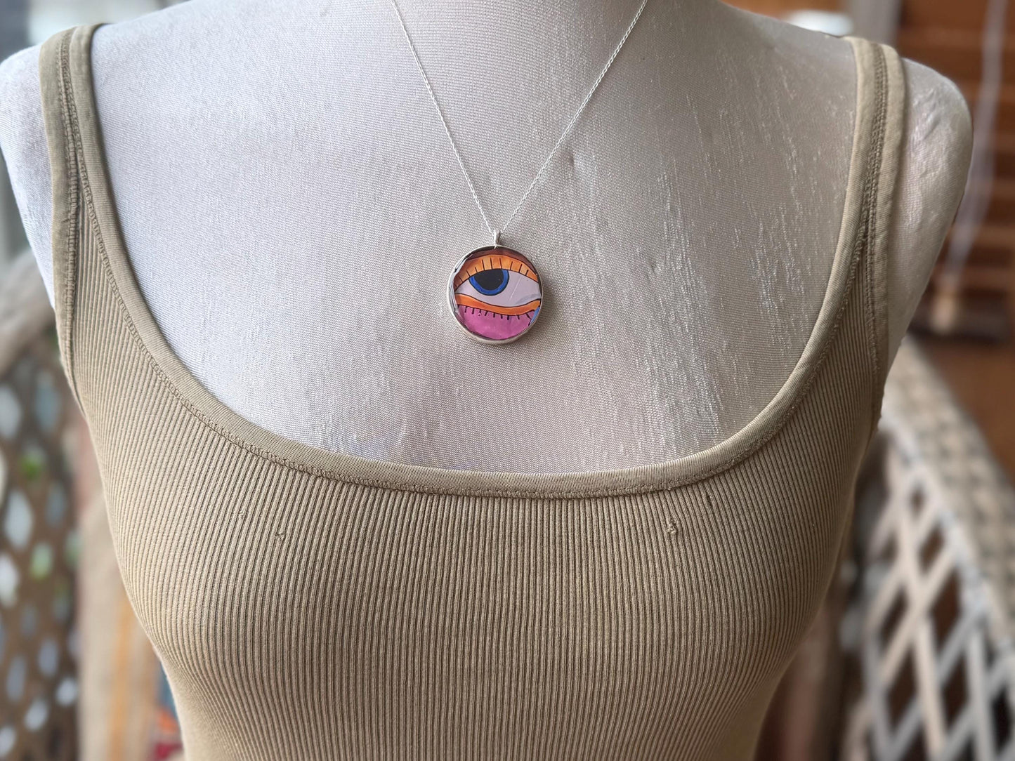 Handmade eye necklace. All seeing eye pendant on rcycled sterling silver. Eco friendly jewellery. Boho colourful pendants. Bright pink