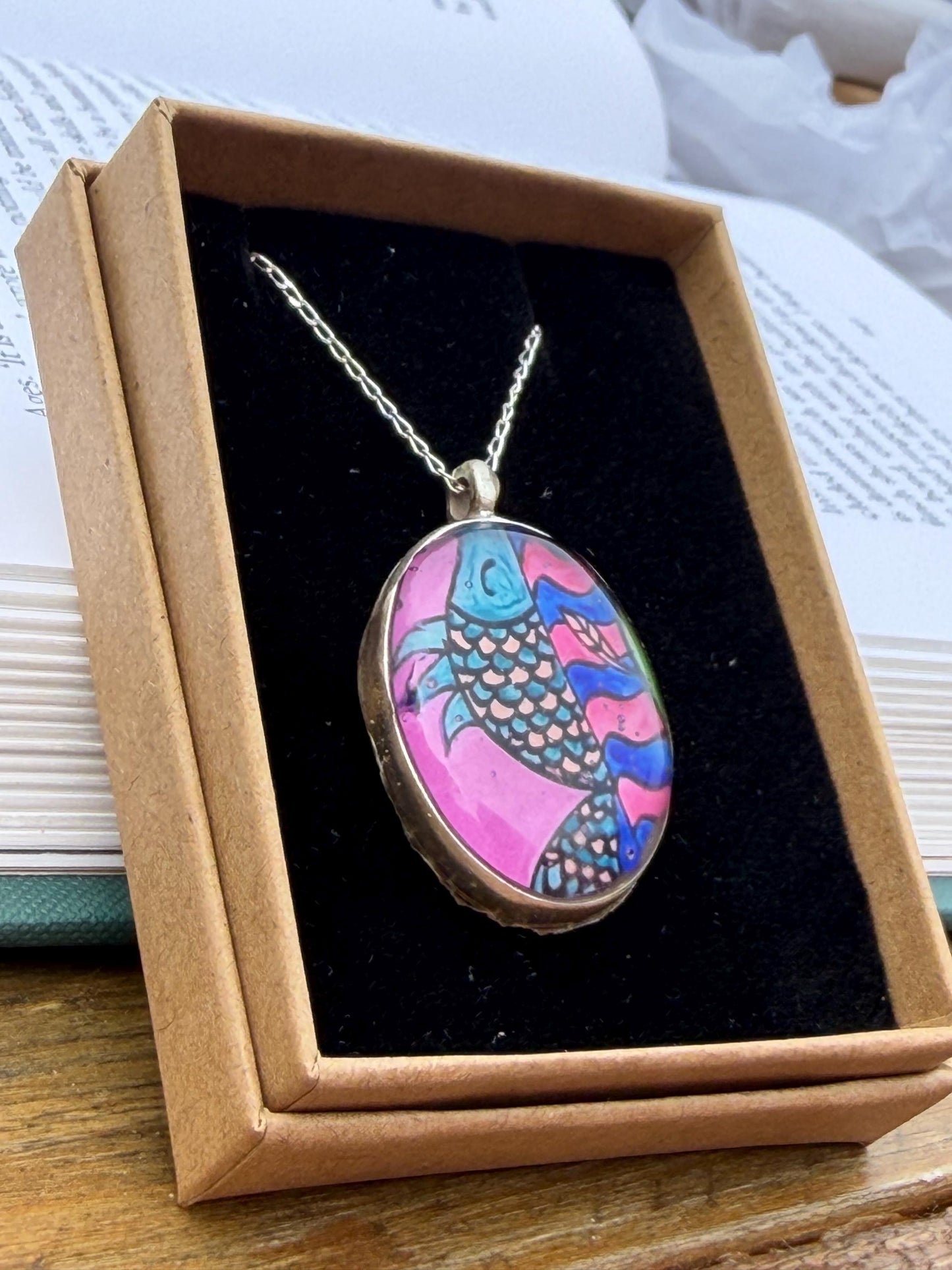 Bright joyful necklaces made with my own photos & recycled sterling silver. Eco friendly jewellery. Boho colourful pendants. Bright pink.