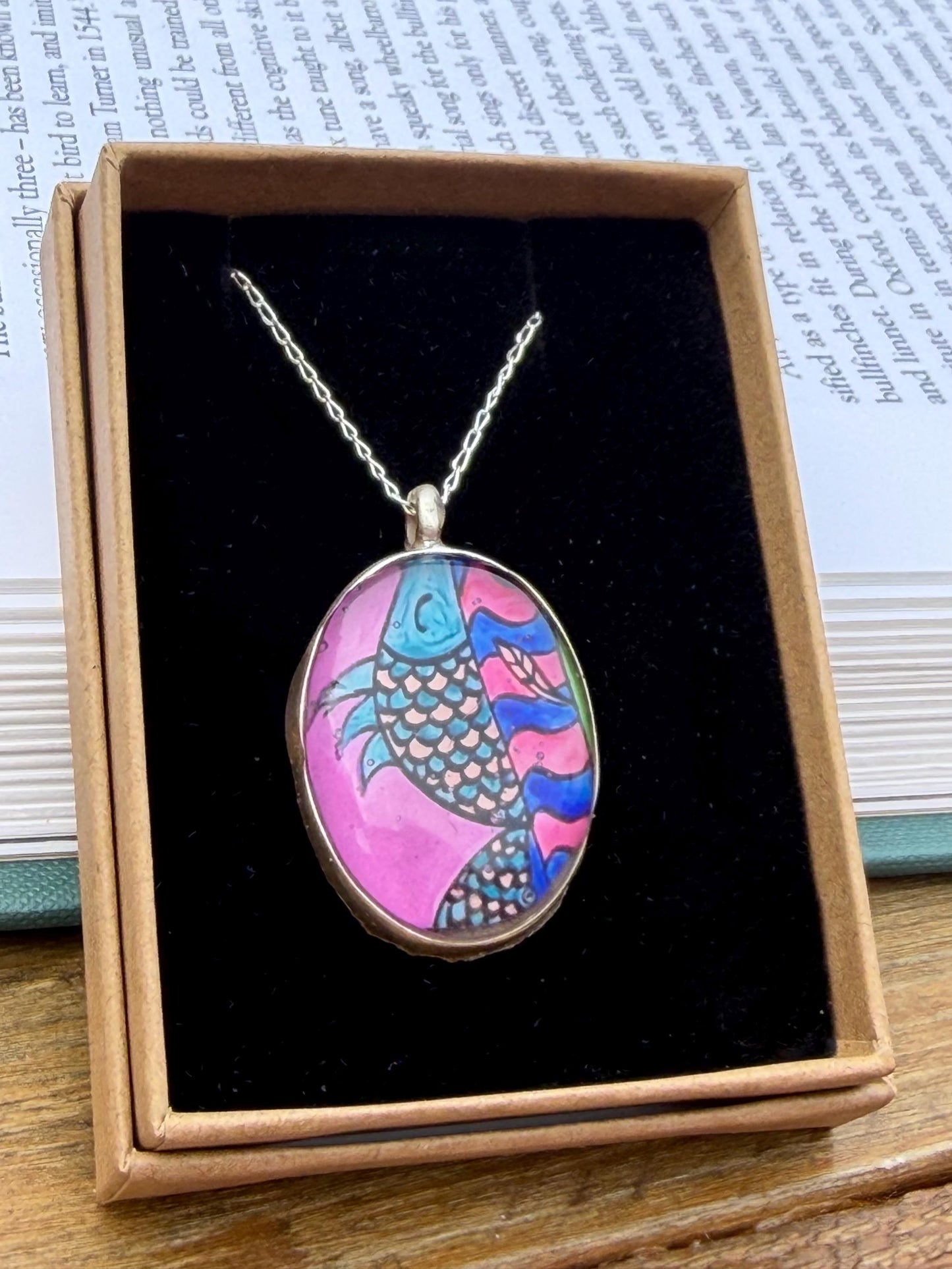 Bright joyful necklaces made with my own photos & recycled sterling silver. Eco friendly jewellery. Boho colourful pendants. Bright pink.