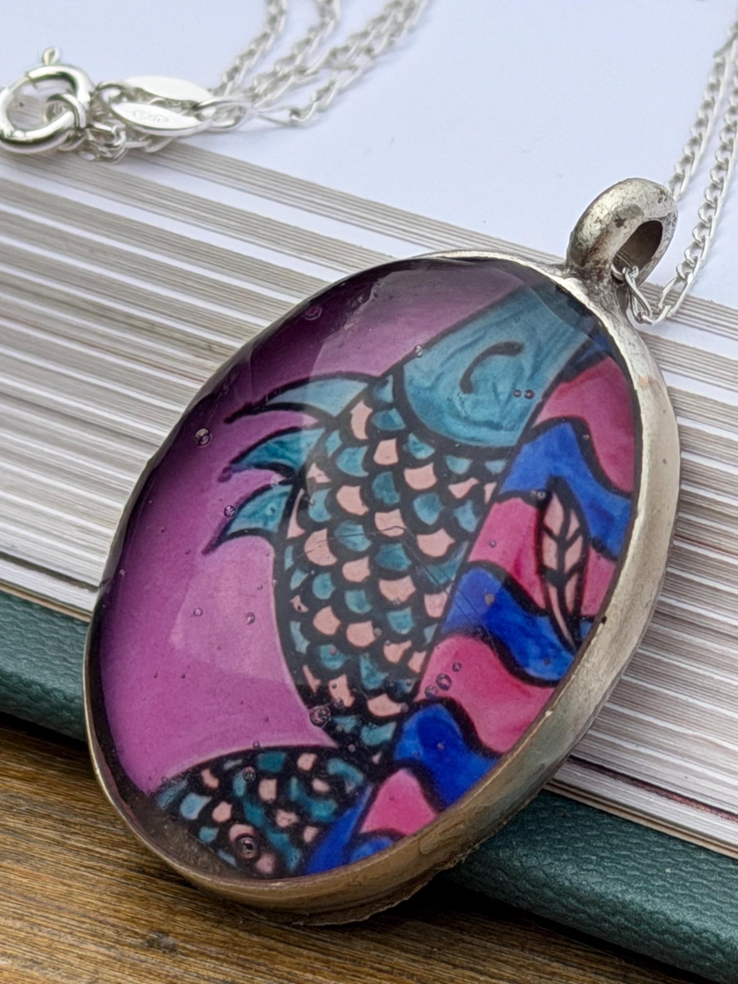 Bright joyful necklaces made with my own photos & recycled sterling silver. Eco friendly jewellery. Boho colourful pendants. Bright pink.