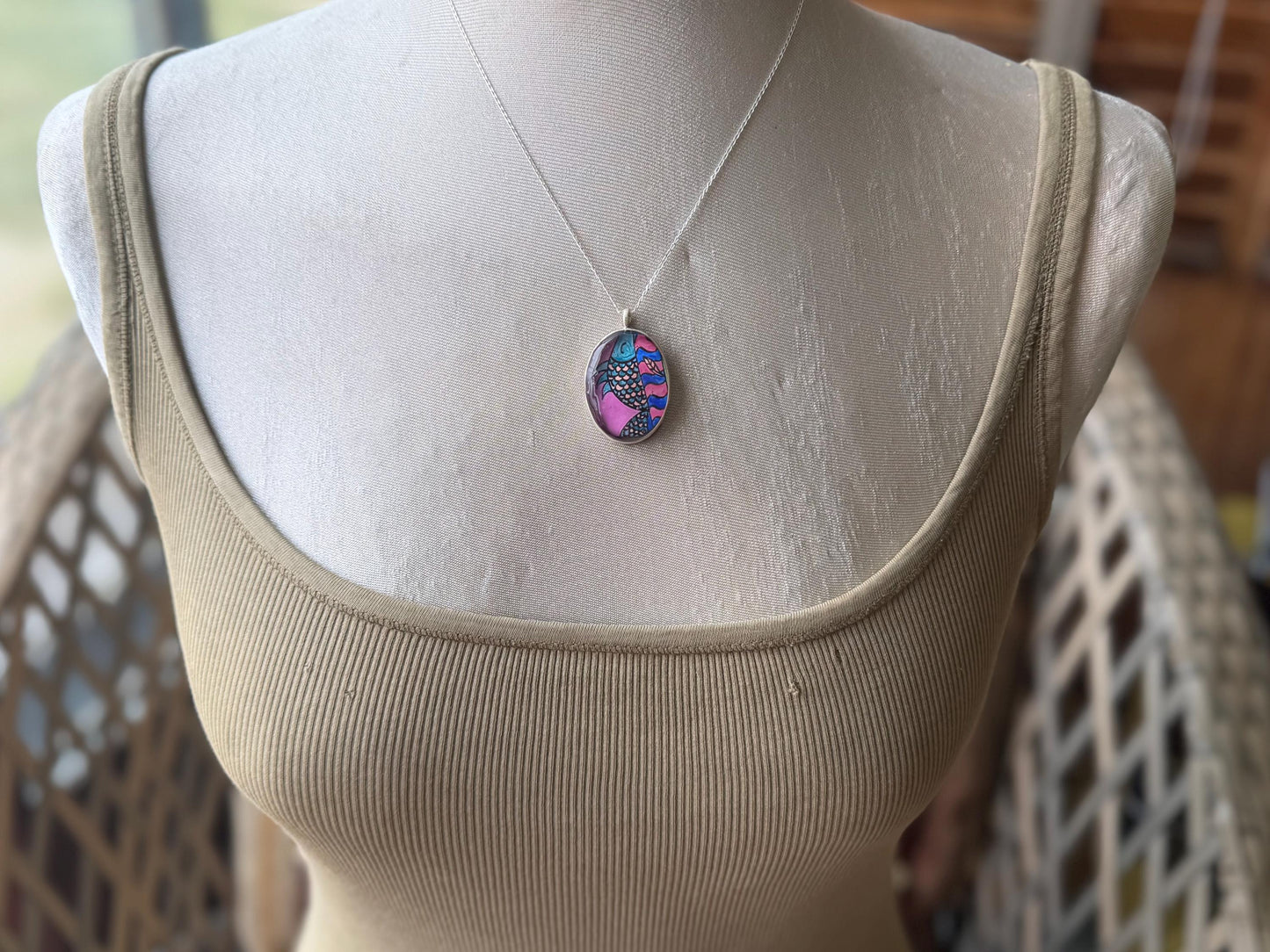 Bright joyful necklaces made with my own photos & recycled sterling silver. Eco friendly jewellery. Boho colourful pendants. Bright pink.