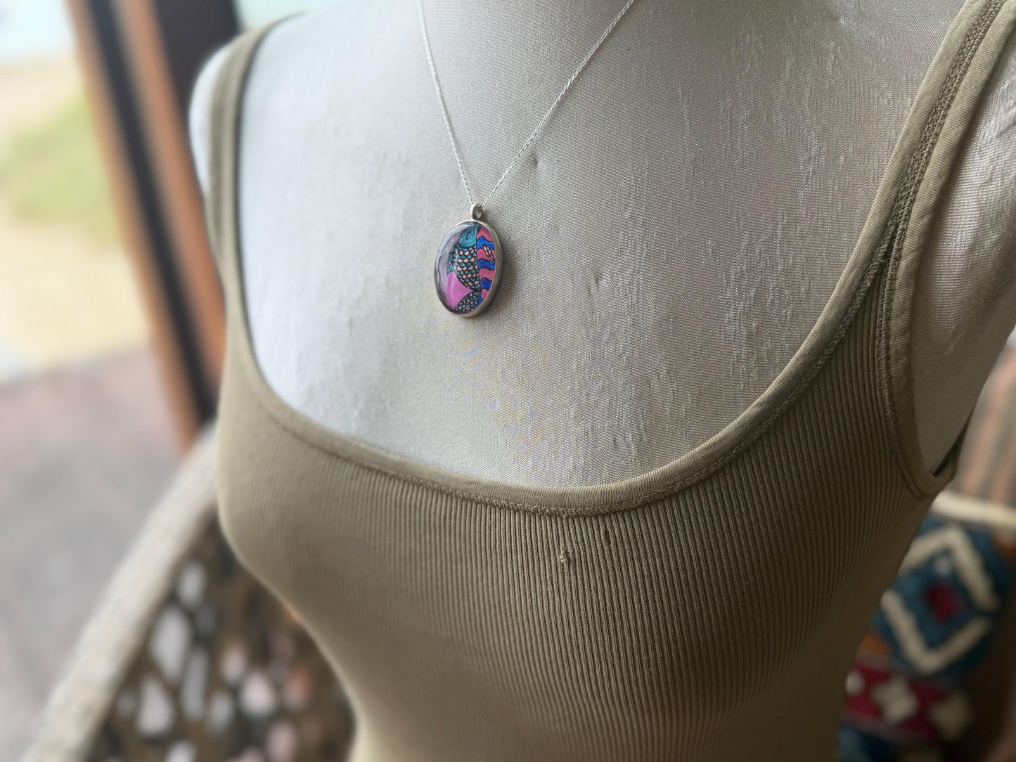 Bright joyful necklaces made with my own photos & recycled sterling silver. Eco friendly jewellery. Boho colourful pendants. Bright pink.