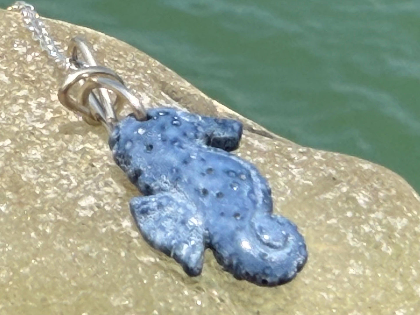 Kyanite seahorse necklace. Upcycled gemstone seahorse on recycled sterling silver. Eco friendly jewellery. Ethical jewellery. Seahorses