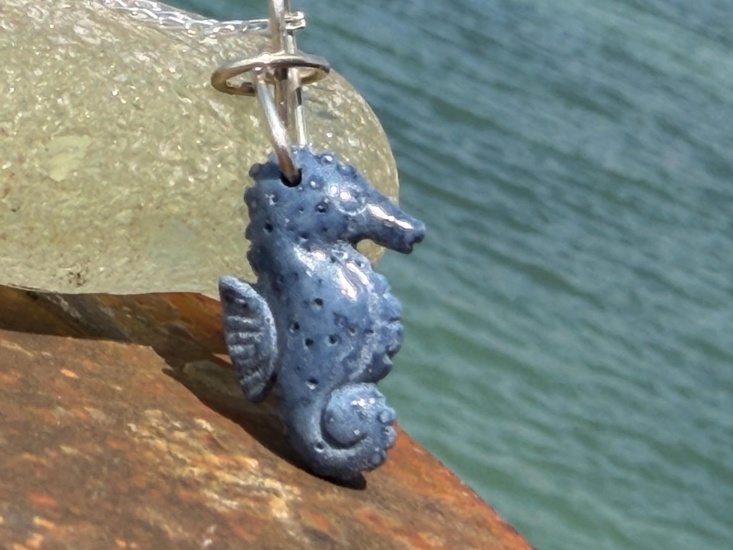 Kyanite seahorse necklace. Upcycled gemstone seahorse on recycled sterling silver. Eco friendly jewellery. Ethical jewellery. Seahorses