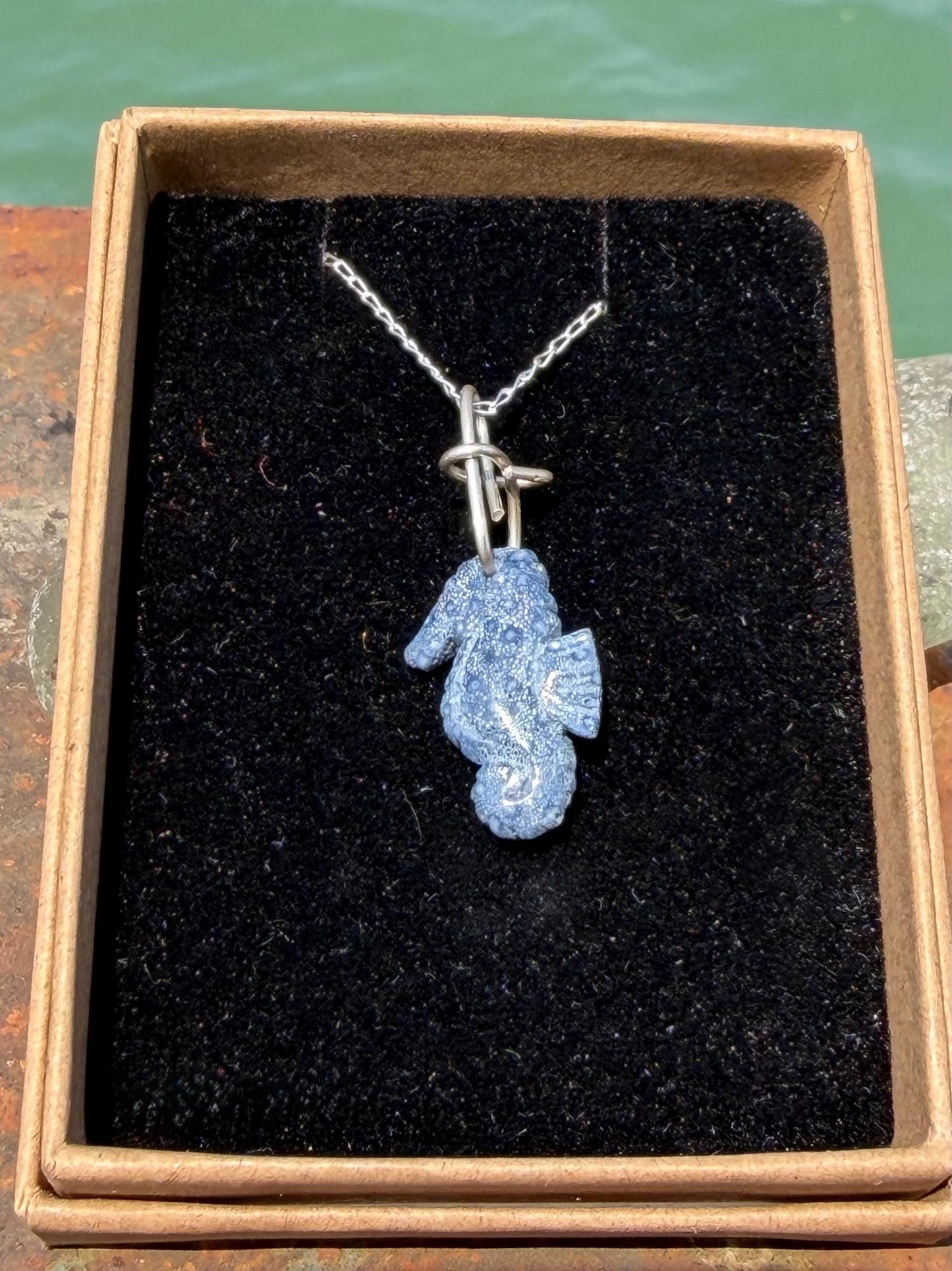 Kyanite seahorse necklace. Upcycled gemstone seahorse on recycled sterling silver. Eco friendly jewellery. Ethical jewellery. Seahorses