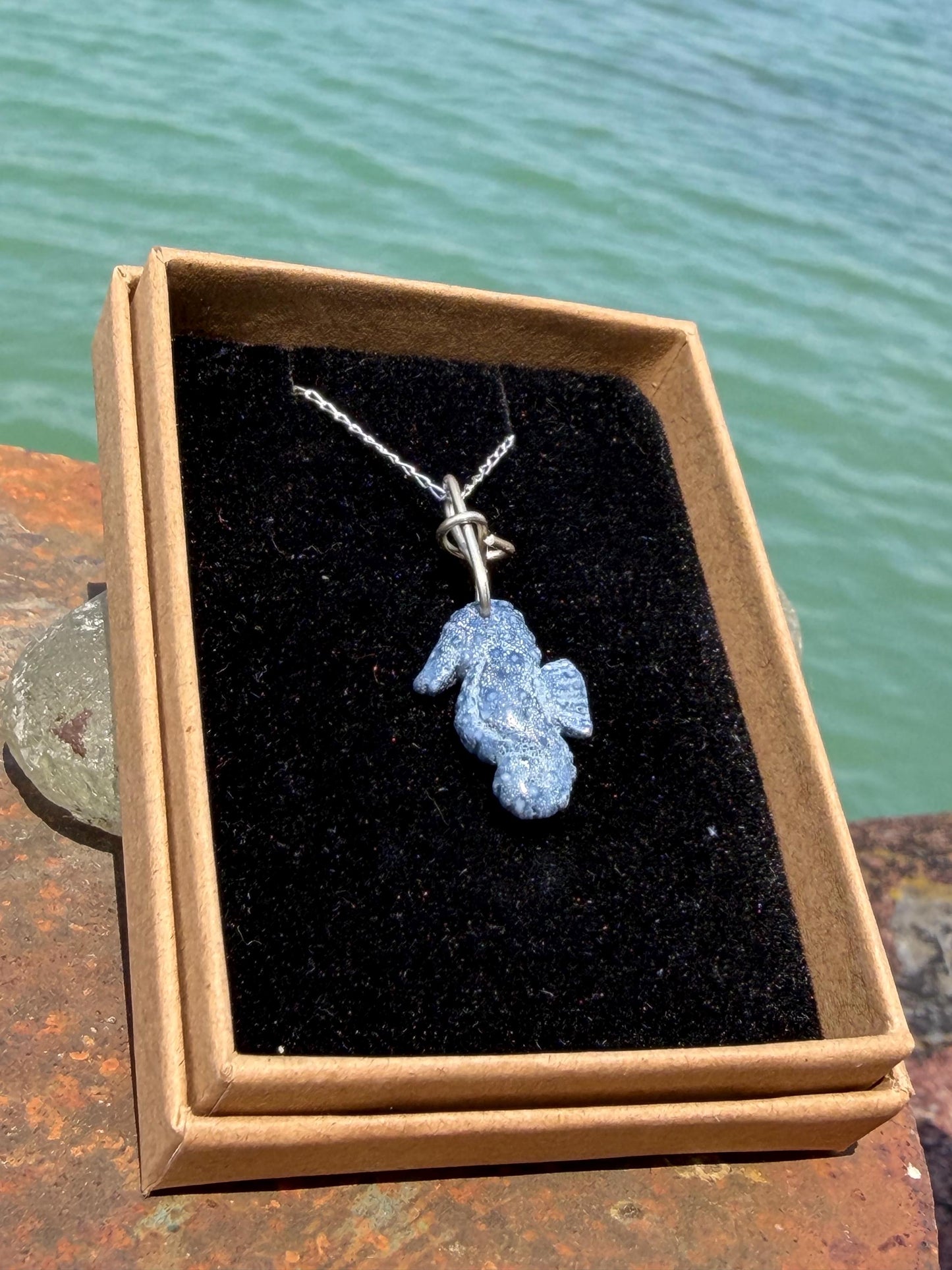 Kyanite seahorse necklace. Upcycled gemstone seahorse on recycled sterling silver. Eco friendly jewellery. Ethical jewellery. Seahorses