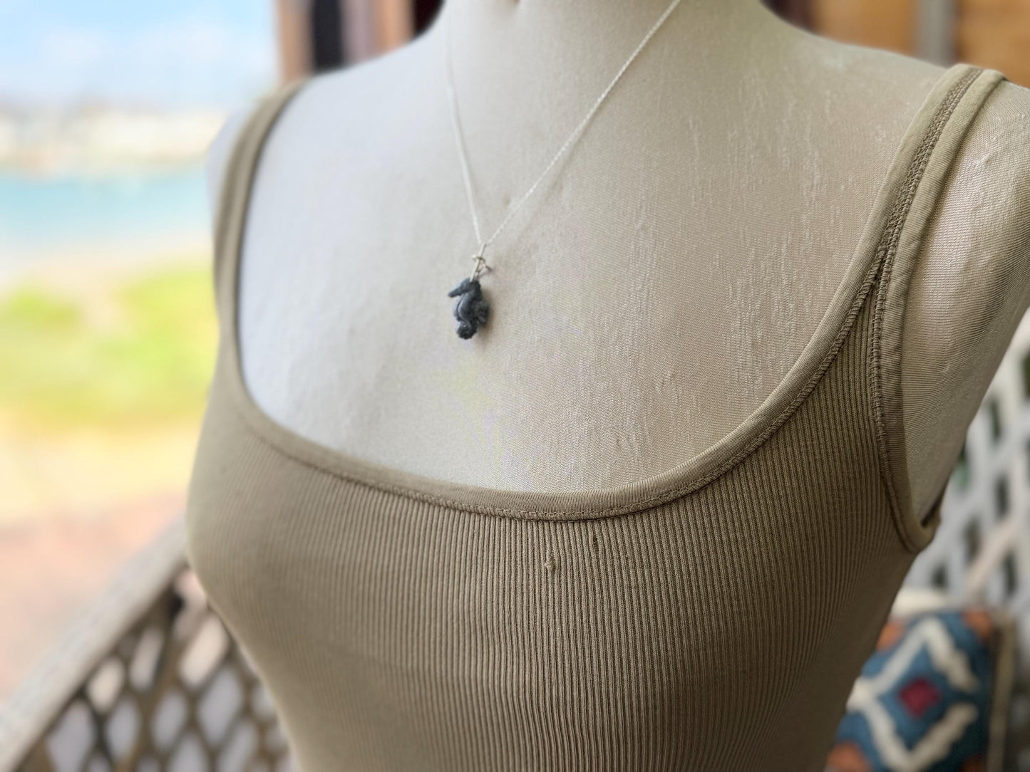 Kyanite seahorse necklace. Upcycled gemstone seahorse on recycled sterling silver. Eco friendly jewellery. Ethical jewellery. Seahorses