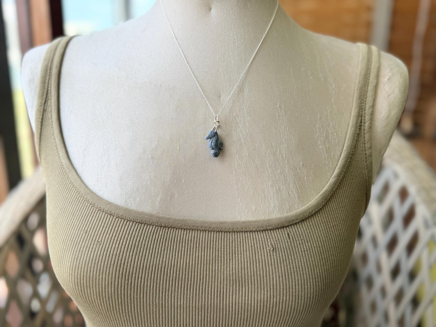 Kyanite seahorse necklace. Upcycled gemstone seahorse on recycled sterling silver. Eco friendly jewellery. Ethical jewellery. Seahorses