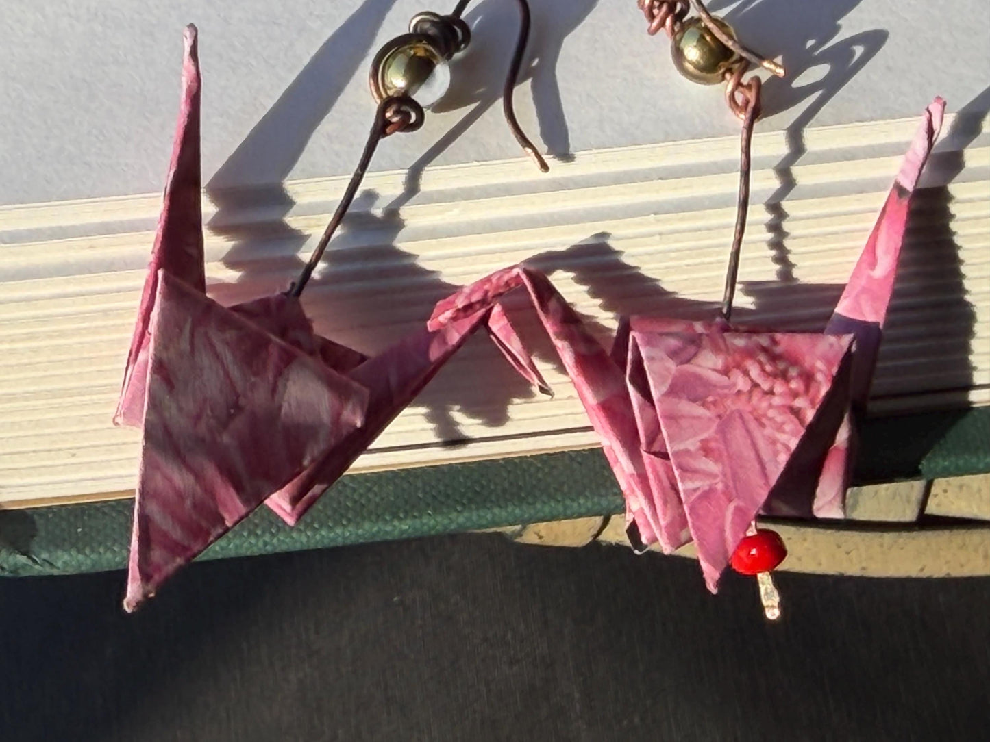 Bird origami earrings on recycled metals. Eco friendly jewellery. Bird earrings. Handmade bird jewellery. Pink birds. Ethical jewellery.
