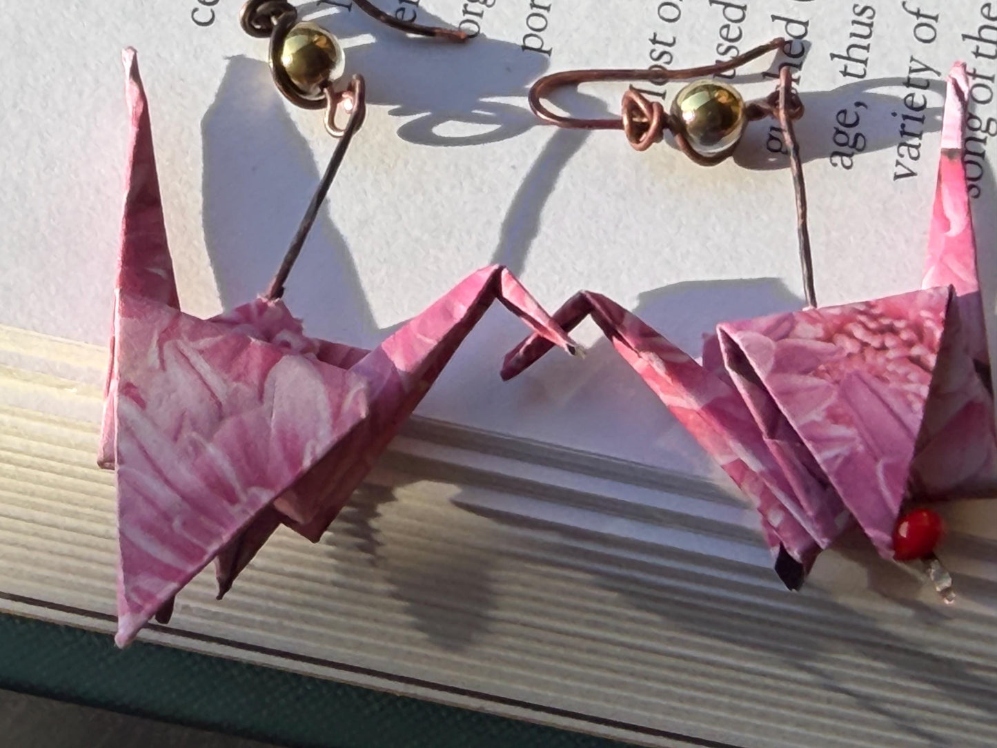 Bird origami earrings on recycled metals. Eco friendly jewellery. Bird earrings. Handmade bird jewellery. Pink birds. Ethical jewellery.