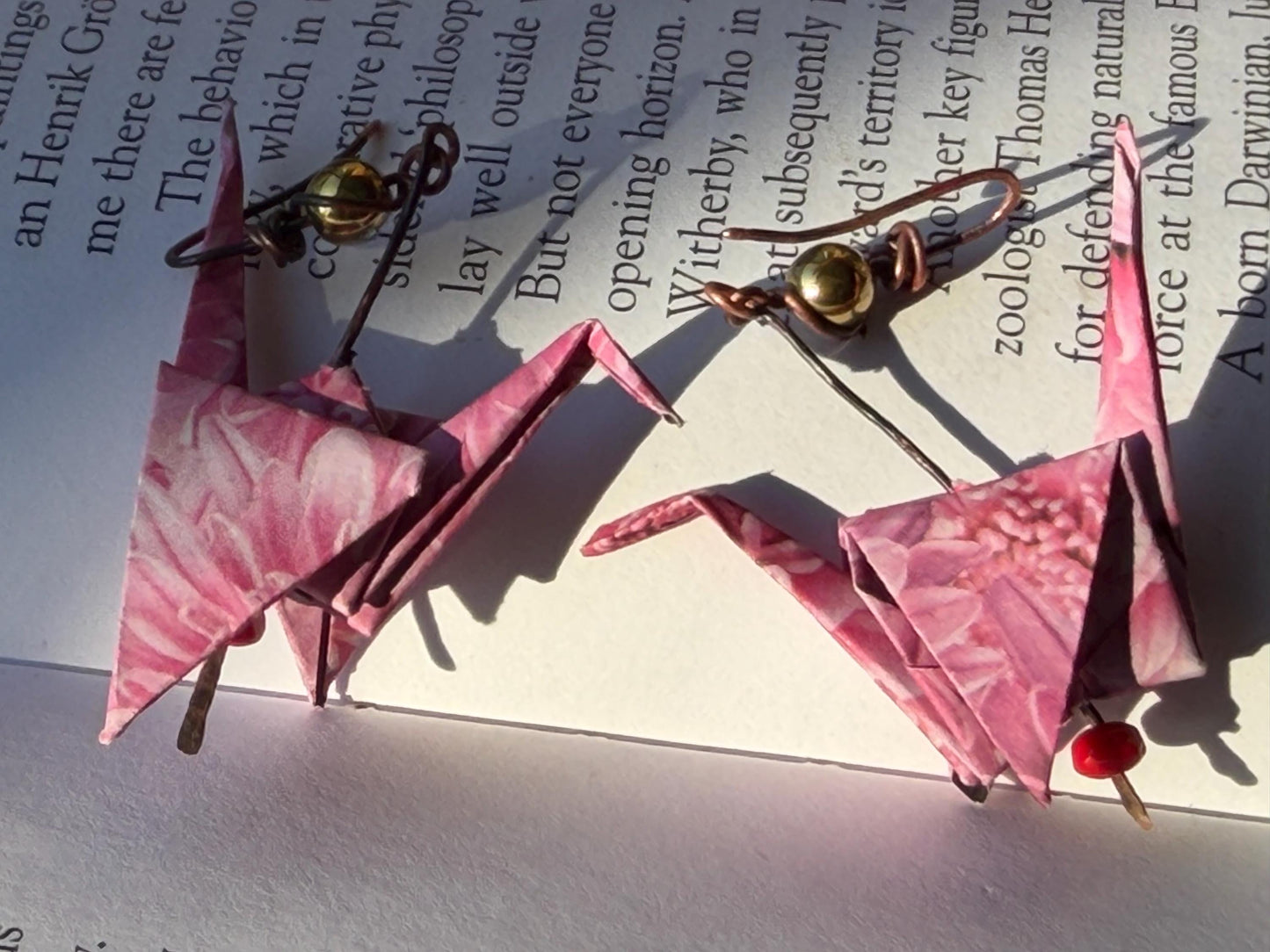 Bird origami earrings on recycled metals. Eco friendly jewellery. Bird earrings. Handmade bird jewellery. Pink birds. Ethical jewellery.