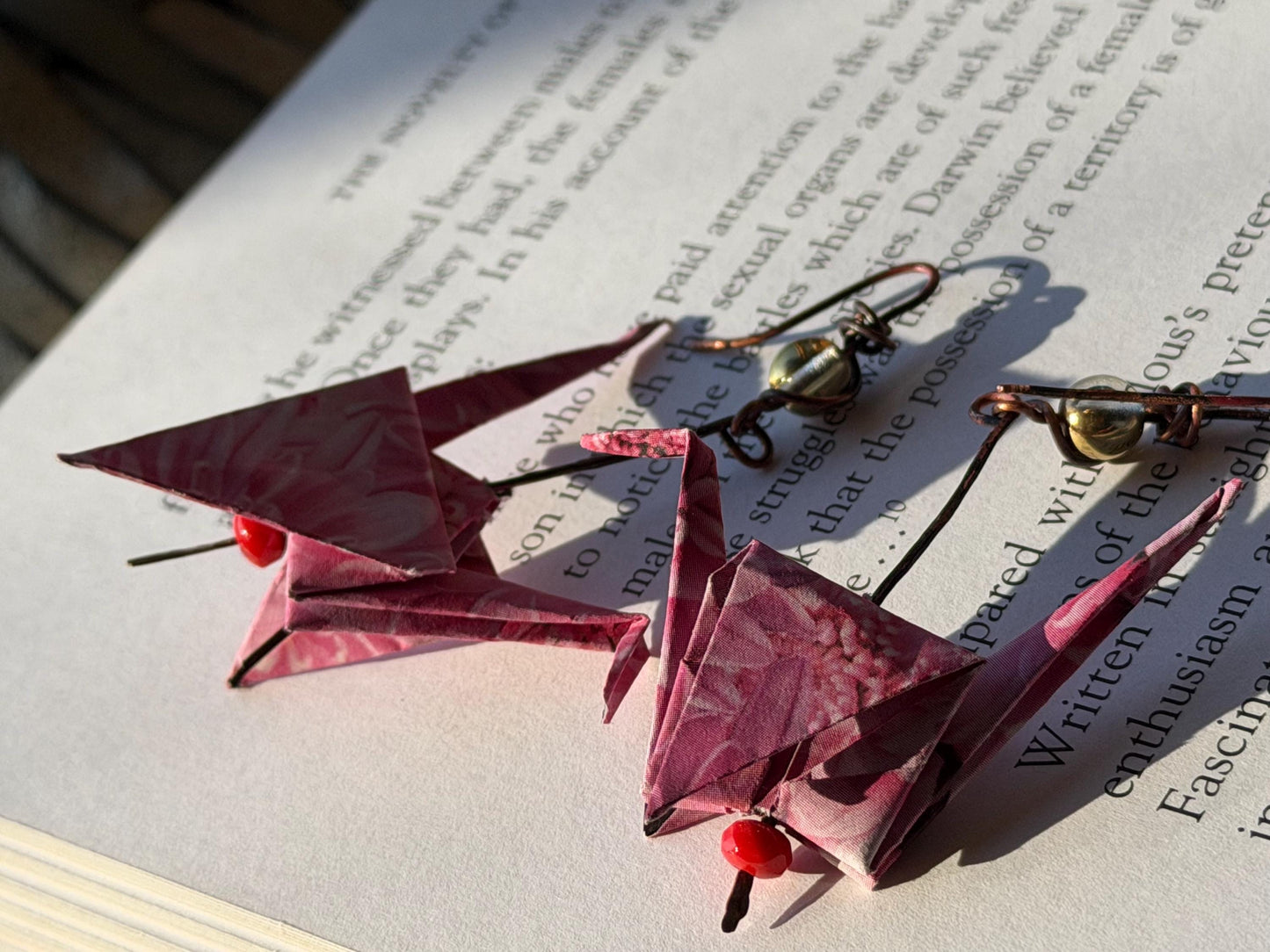 Bird origami earrings on recycled metals. Eco friendly jewellery. Bird earrings. Handmade bird jewellery. Pink birds. Ethical jewellery.