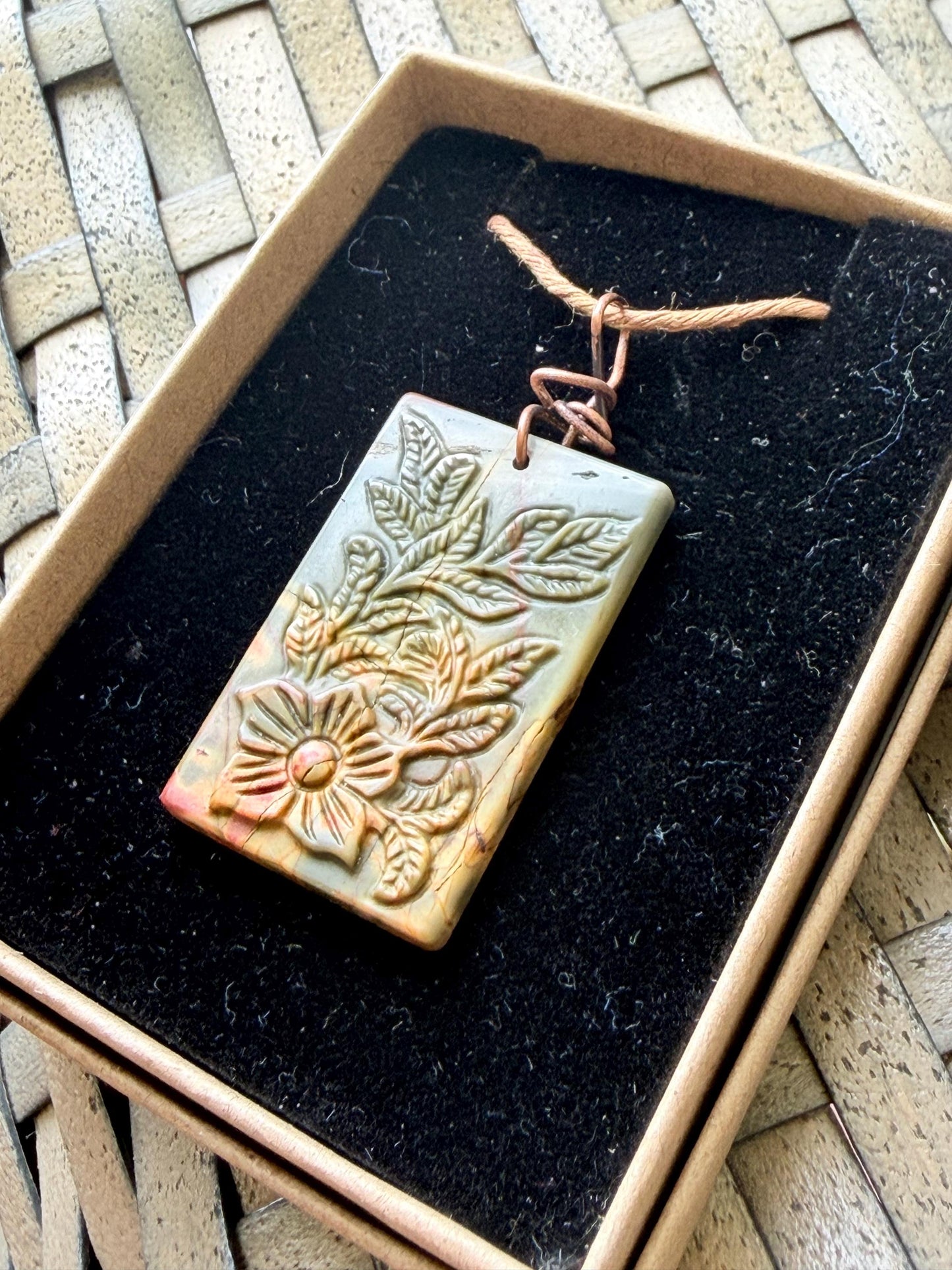 Carved Picasso Jasper gemstone necklace. Unusual gemstone jewellery. Boho eco friendly necklace with carved flowers and leaves.