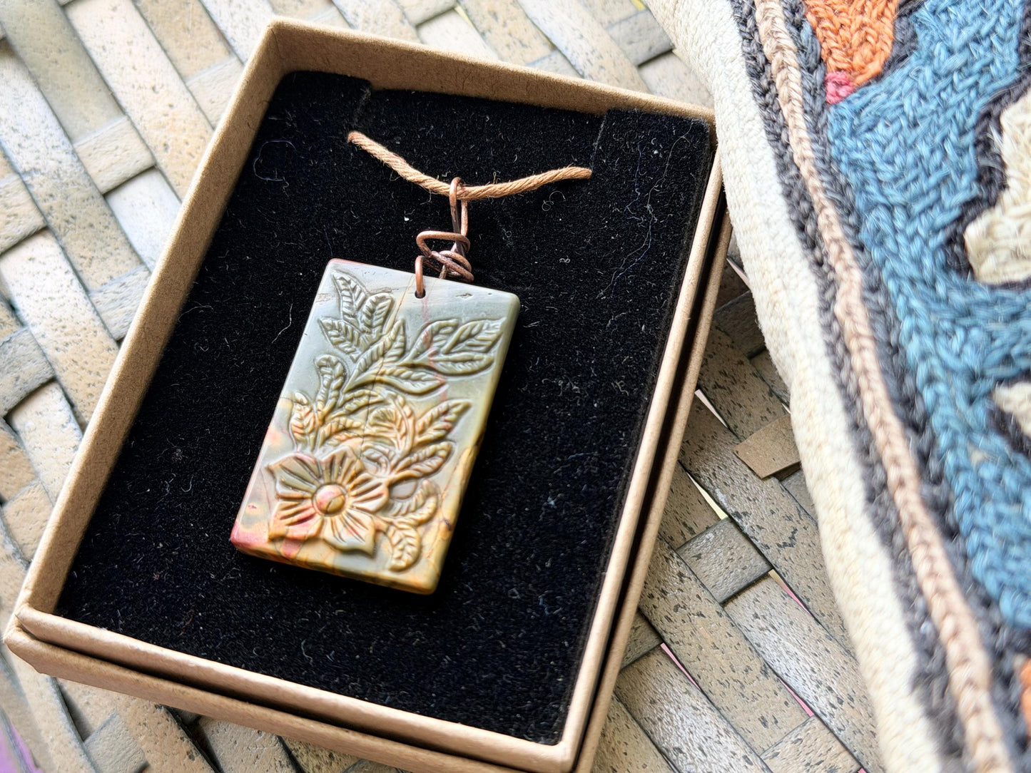 Carved Picasso Jasper gemstone necklace. Unusual gemstone jewellery. Boho eco friendly necklace with carved flowers and leaves.